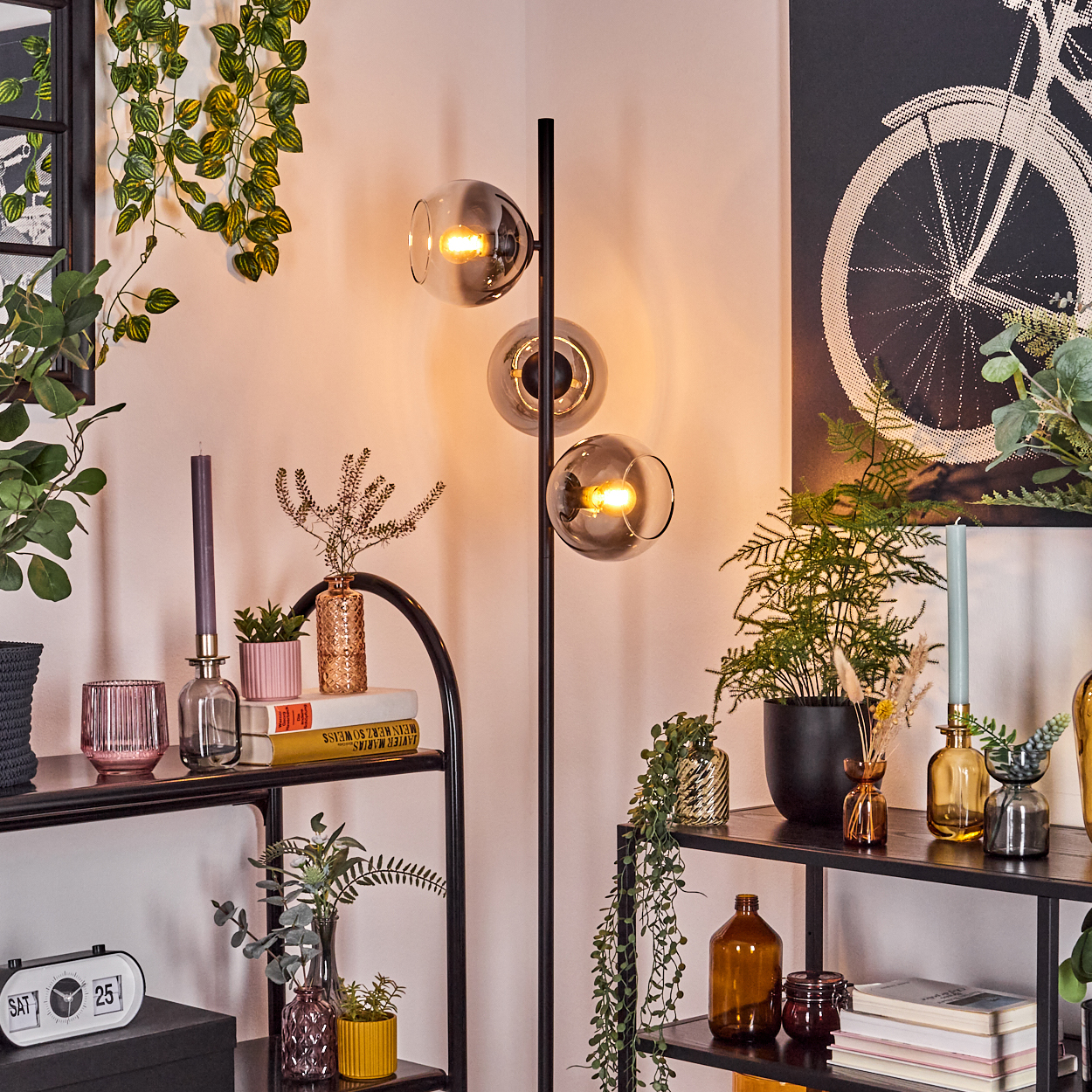 Eine moderne Zimmerecke mit einer Stehlampe mit drei Glaskugeln, Regalen mit Pflanzen, Büchern und dekorativen Gegenständen. Ein Fahrrad-Kunstdruck.