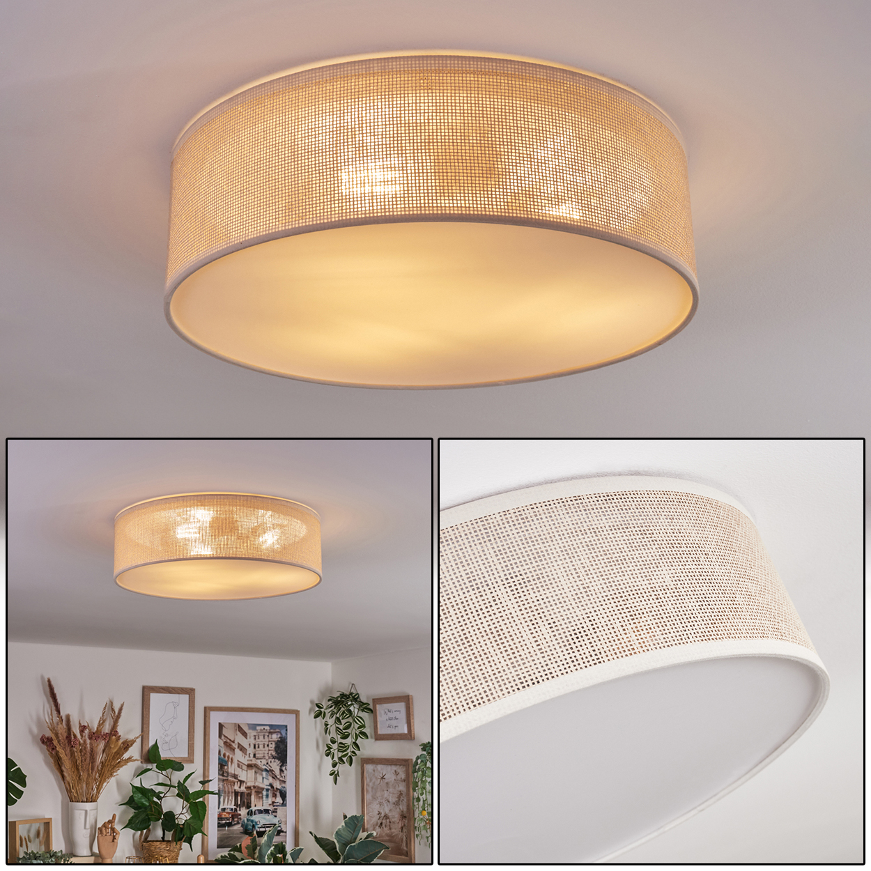 Eine runde Deckenlampe mit einem gewebten Rattanschatten und einem weißen Innenraum. Sie ist an einer weißen Decke befestigt.