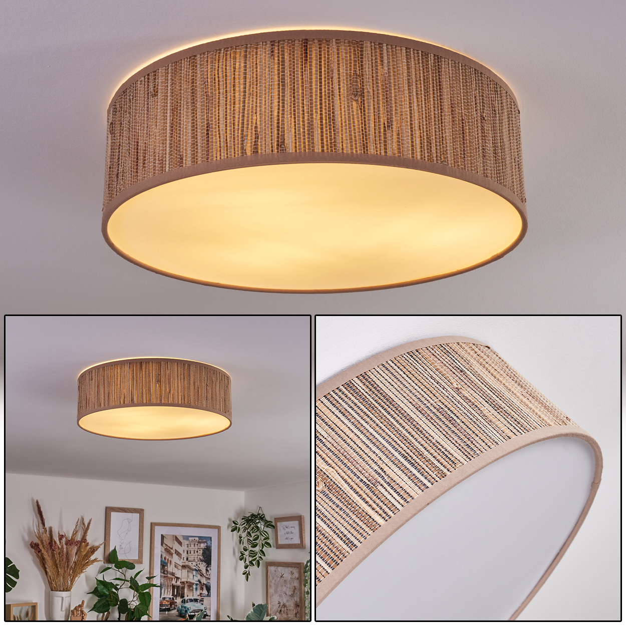 Eine runde Deckenleuchte mit gewebtem Lampenschirm. Das Licht ist an und strahlt warm. Der Hintergrund zeigt eine weiße Decke.