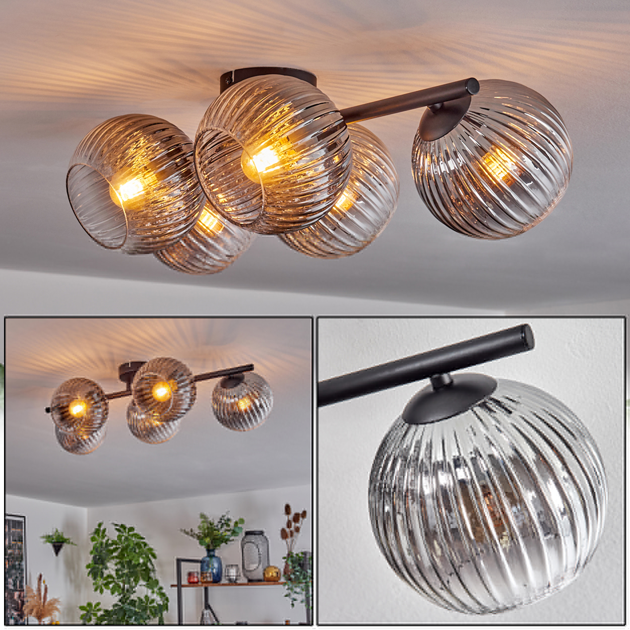 Eine moderne Deckenlampe mit fünf Glaskugeln. Die Kugeln sind klar mit gerilltem Design, das warmes Licht aussendet. Die Halterung ist schwarz.