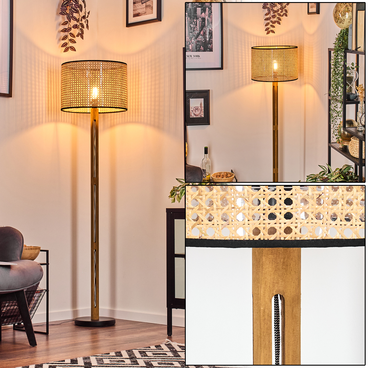 Eine Stehlampe mit gewebtem Lampenschirm steht in einem Raum. Die Lampe hat einen Holzfuß, einen schwarzen Lampenschirmrand und eine leuchtende Glühbirne.