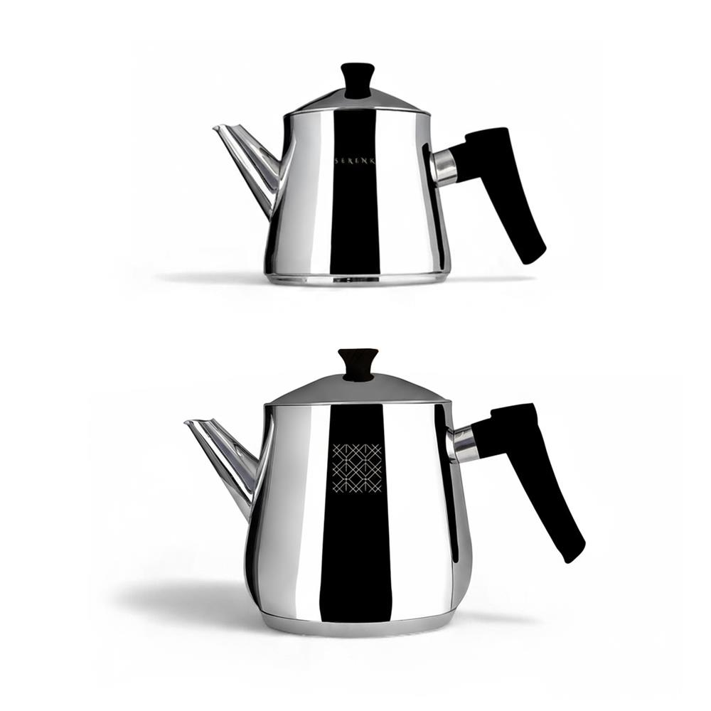 Dos teteras brillantes, una encima de la otra, con asas y tapas negras y un fondo blanco. Una tiene un patrón decorativo.