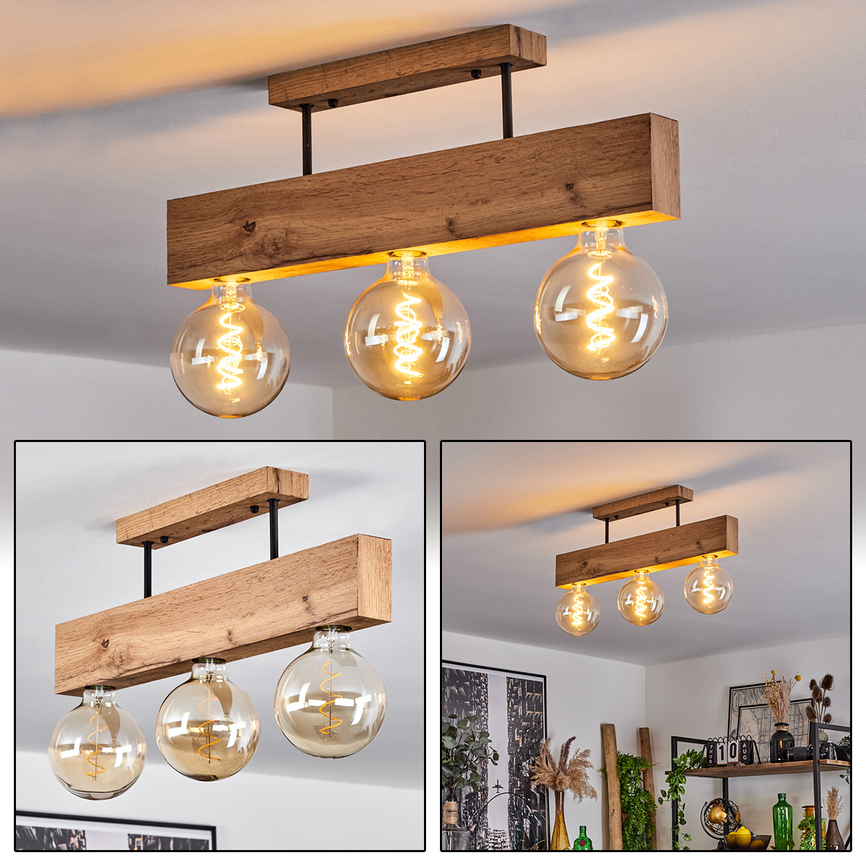 Eine Deckenlampe aus Holzbalken mit drei runden, glühenden Glühbirnen. Der Hintergrund zeigt eine weiße Decke und Wände.