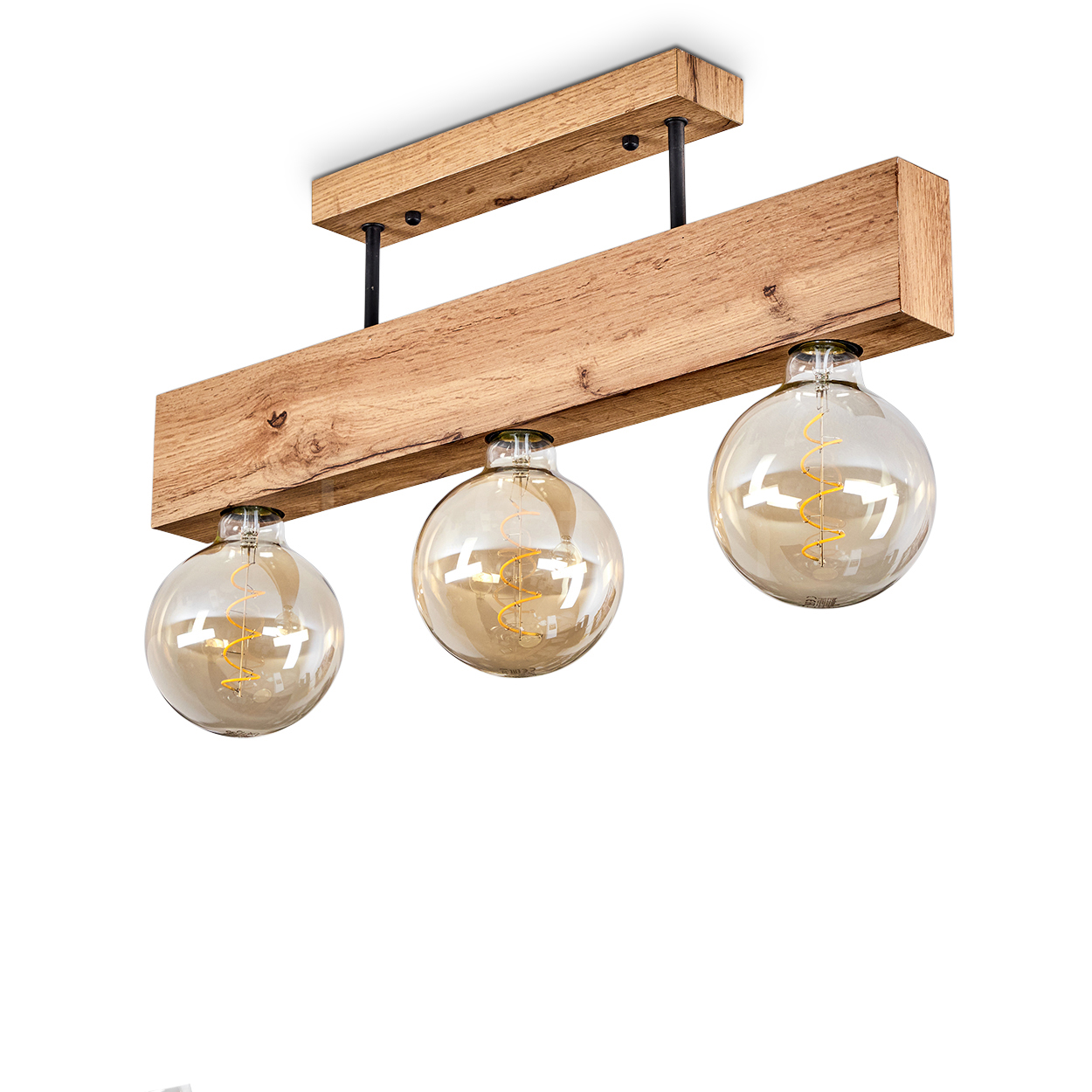 Holzbalken-Leuchte mit drei Glühbirnen. Glühbirnen haben sichtbare Glühfäden. Der Hintergrund ist weiß.