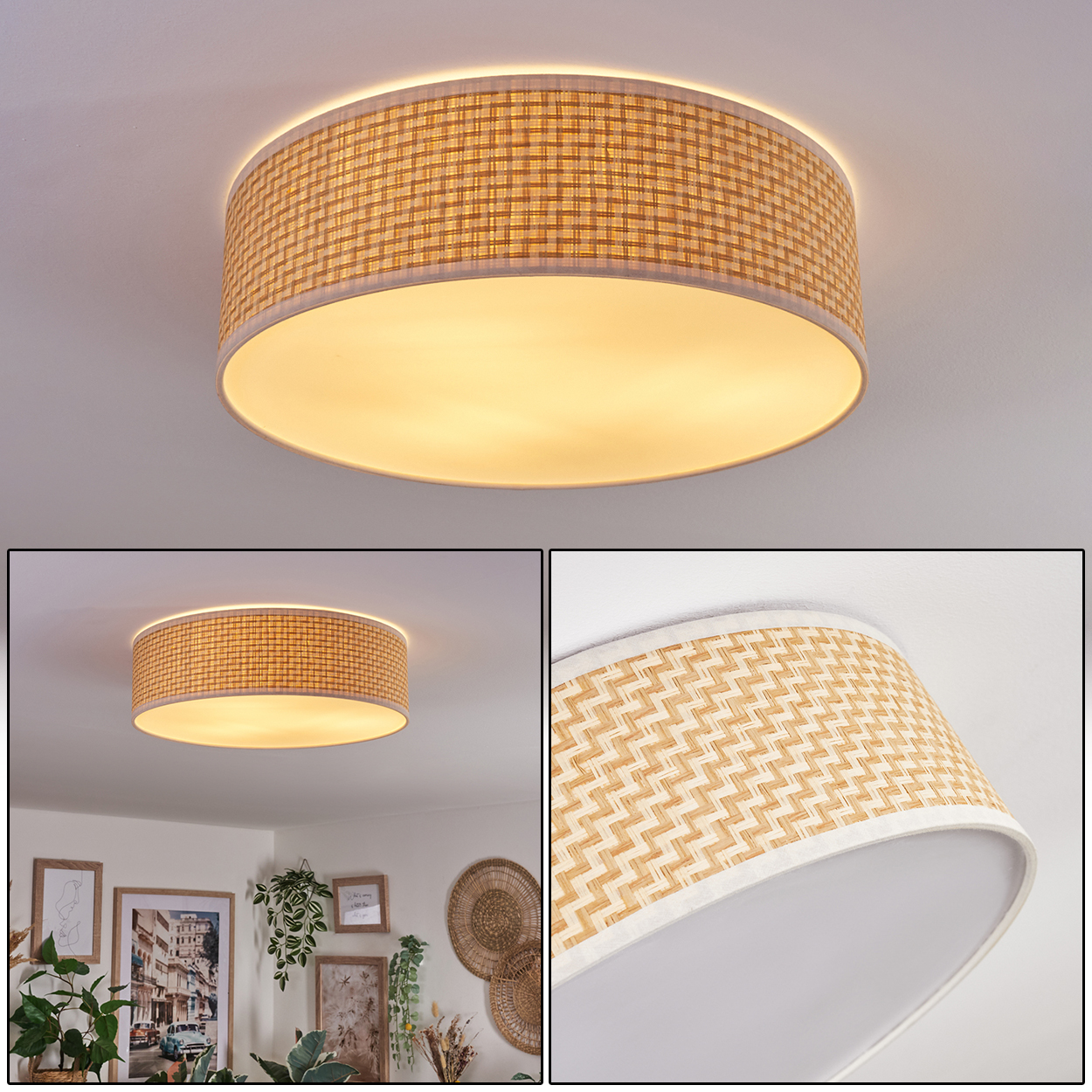 Eine runde Deckenleuchte mit gewebtem Lampenschirm. Das Licht ist an und strahlt warm. Der Hintergrund zeigt eine weiße Decke.