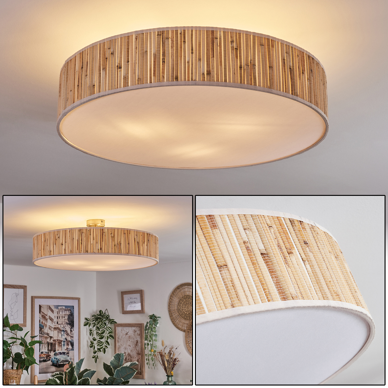 Eine runde Deckenlampe mit Bambusschatten. Die Lampe hat einen weißen Diffusor und ist an einer weißen Decke befestigt. Der Hintergrund zeigt einen gemütlichen Raum.