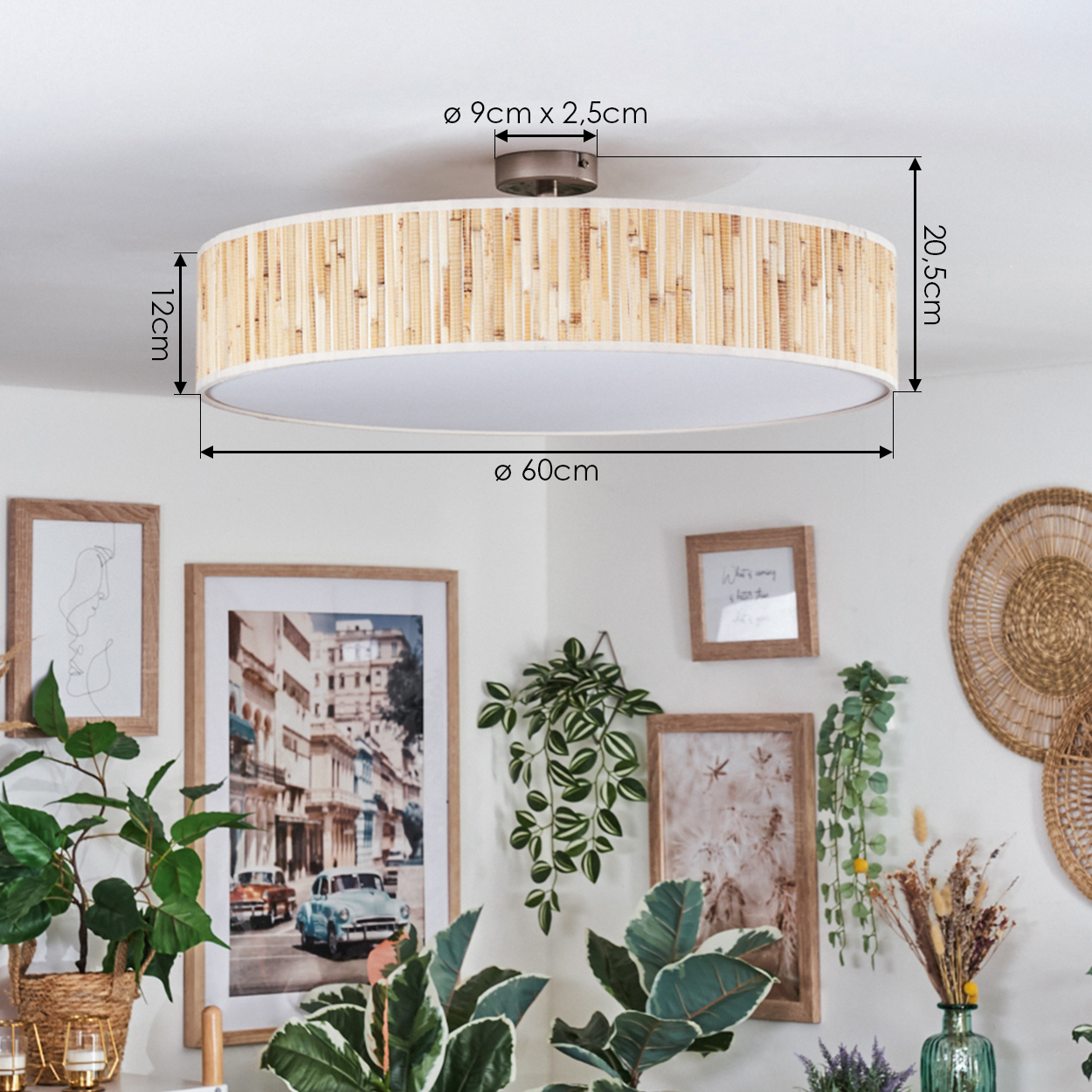 Eine Deckenlampe mit bambusähnlichem Schirm ist abgebildet, mit Maßen. Pflanzen und gerahmte Bilder schmücken die weißen Wände des Raumes.