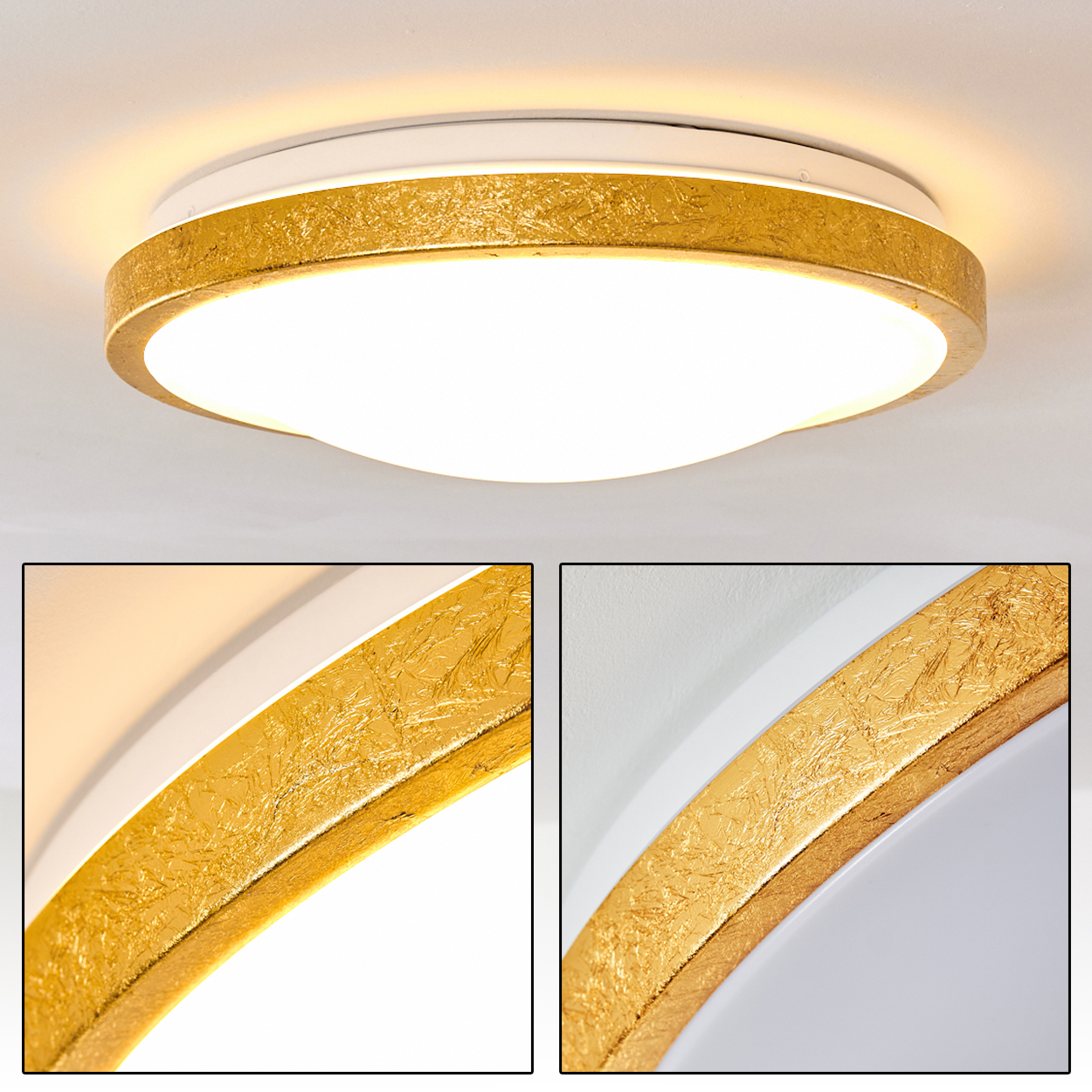 Eine moderne Deckenlampe mit einem goldfarbenen, strukturierten Ring um ein helles, weißes Licht.
