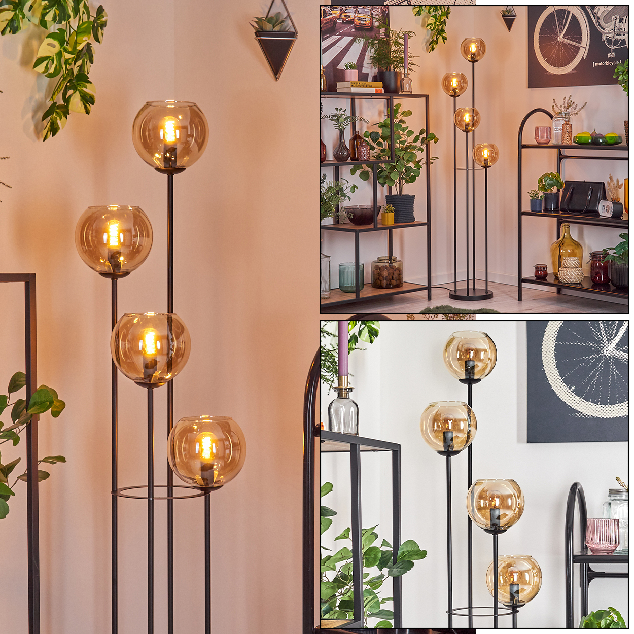 Eine moderne Stehlampe mit vier bernsteinfarbenen Glaskugeln. Im Hintergrund sind Regale mit Pflanzen und Dekorationsartikeln zu sehen.