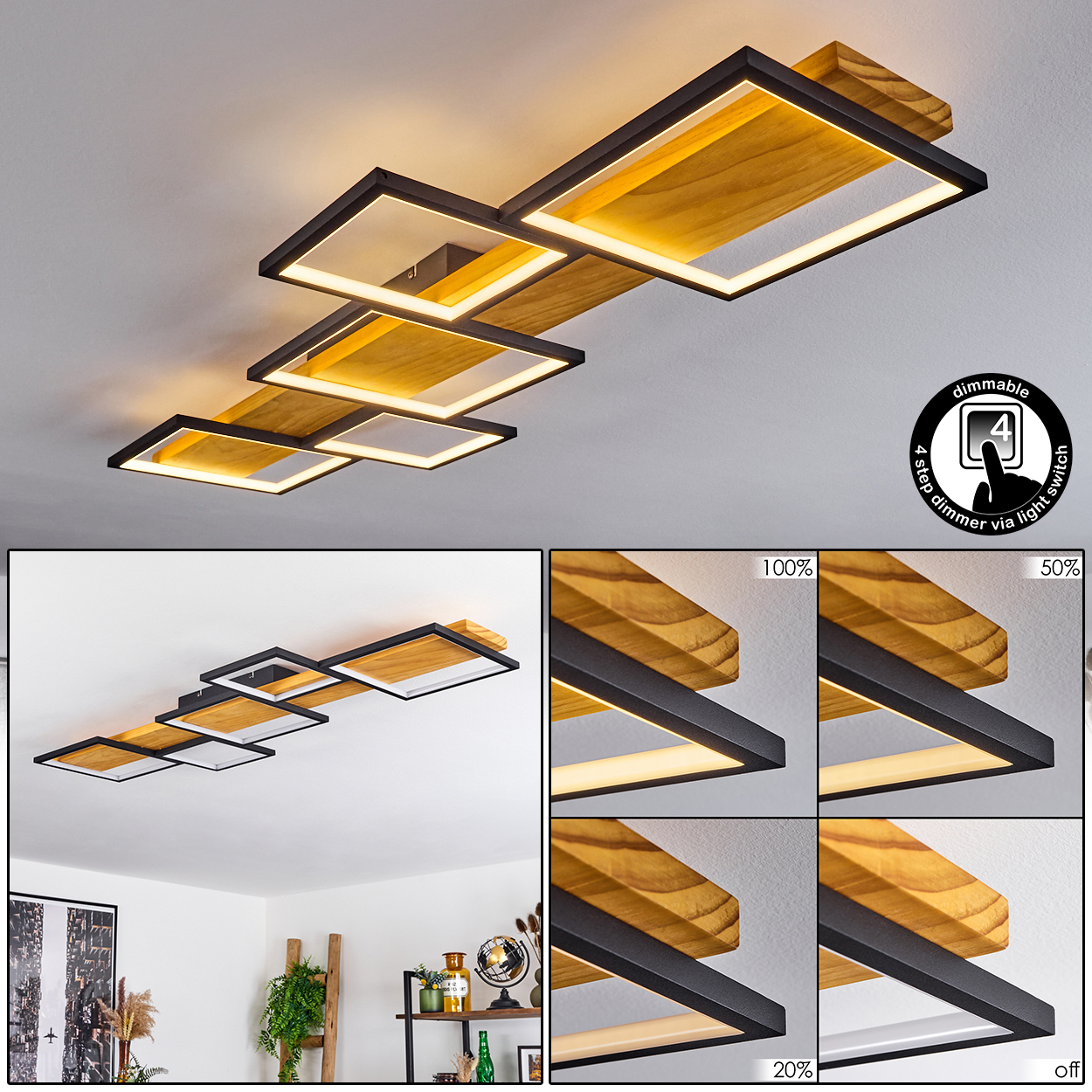 Eine moderne Deckenleuchte mit Holz- und schwarzen quadratischen Rahmen. Sie hat Dimmereinstellungen. Der Hintergrund zeigt einen Raum mit Dekor.