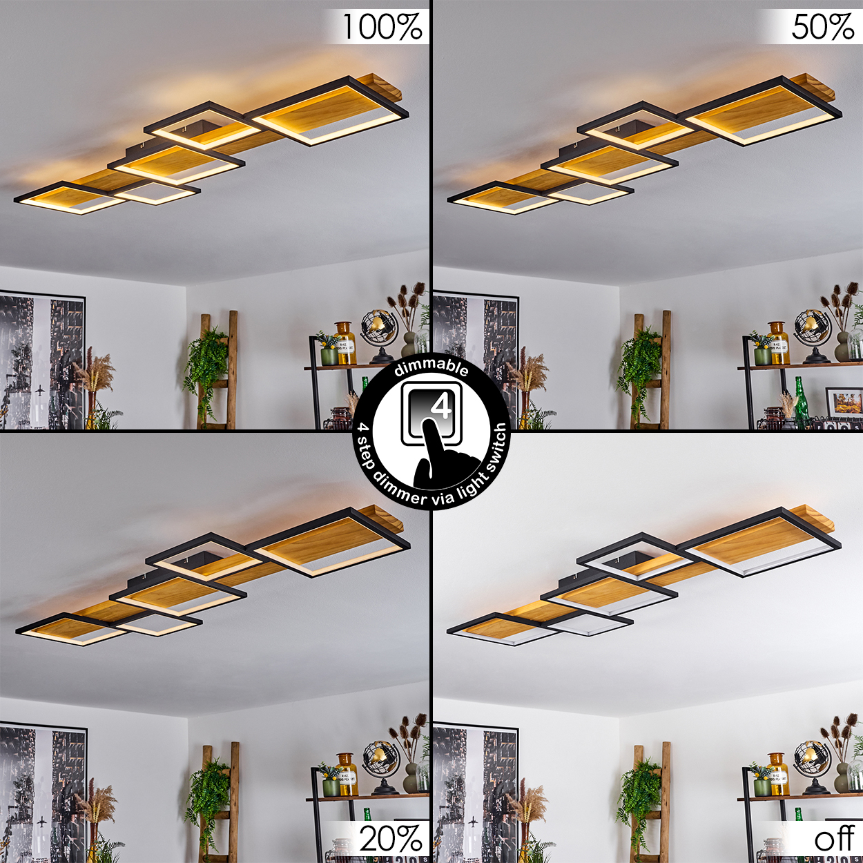 Vier Bilder einer Deckenleuchte mit unterschiedlicher Dimmstufe, die ein modernes Design mit Holz- und schwarzen Quadratrahmen zeigt.