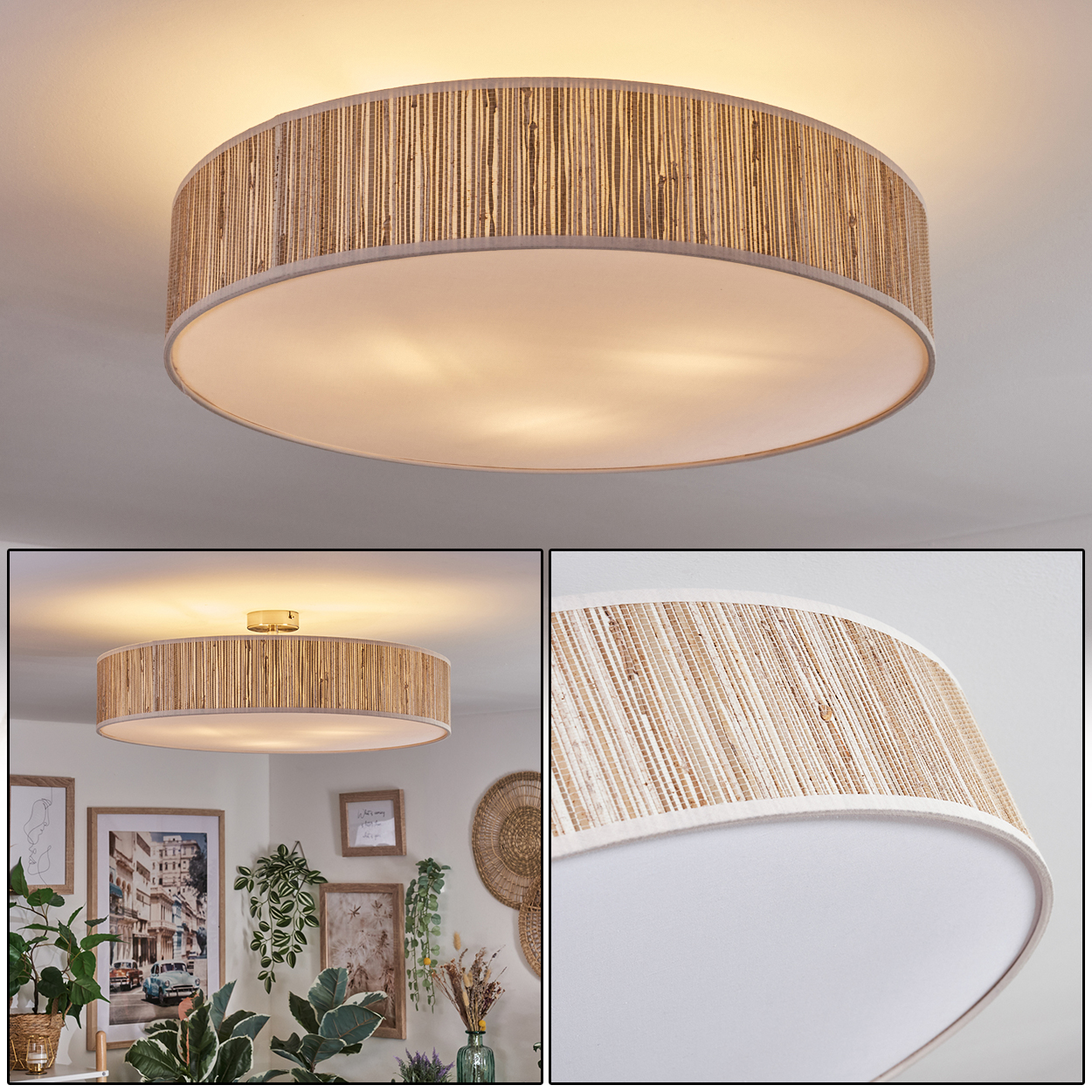 Eine runde Deckenlampe mit gewebtem, beigem Lampenschirm. Die Lampe befindet sich an einer weißen Decke. Der Raum ist mit Pflanzen und Bildern dekoriert.