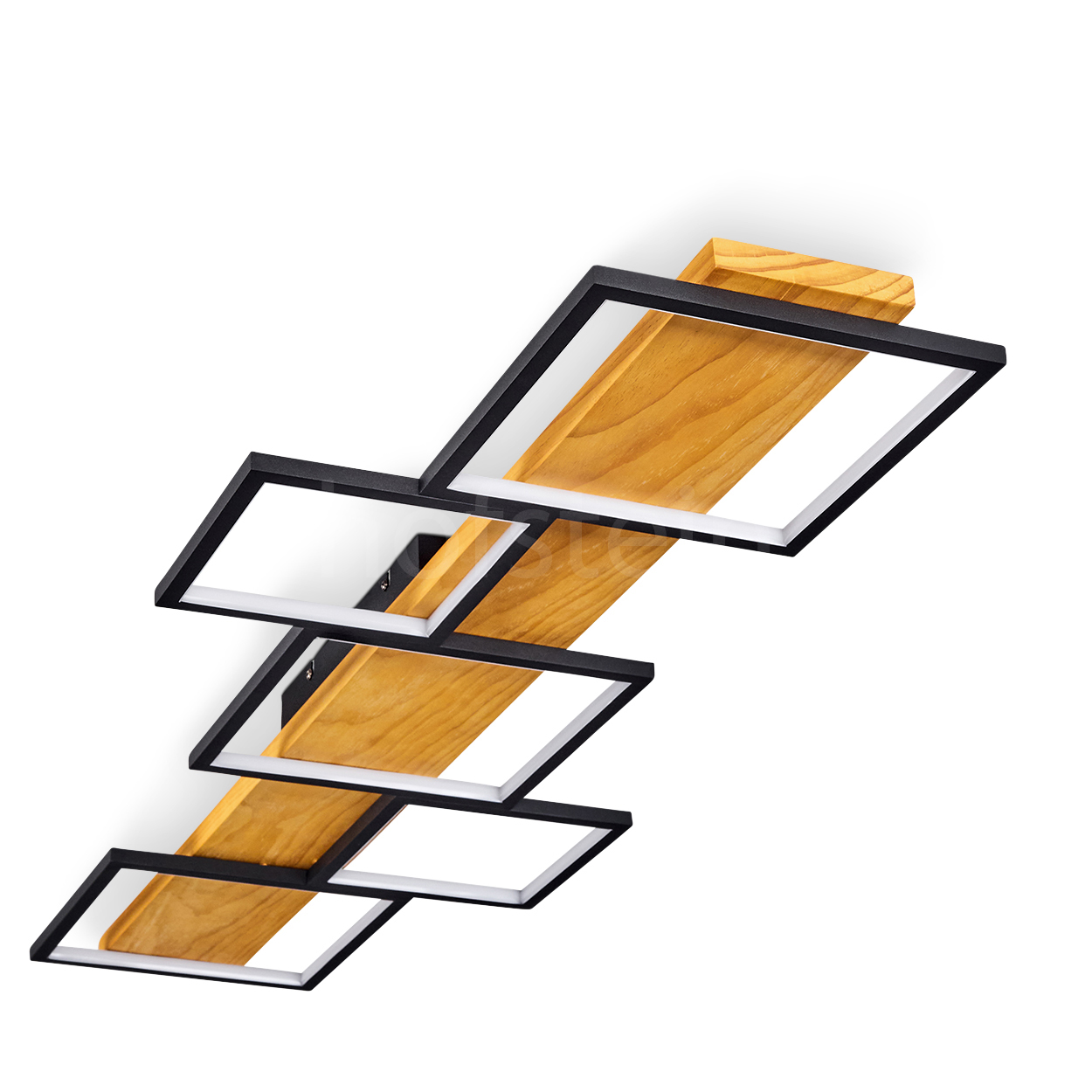 Moderne Deckenleuchte mit schwarzen Rahmen, weißen Innenräumen und Holzpaneelen. Das Design ist geometrisch und abstrakt.