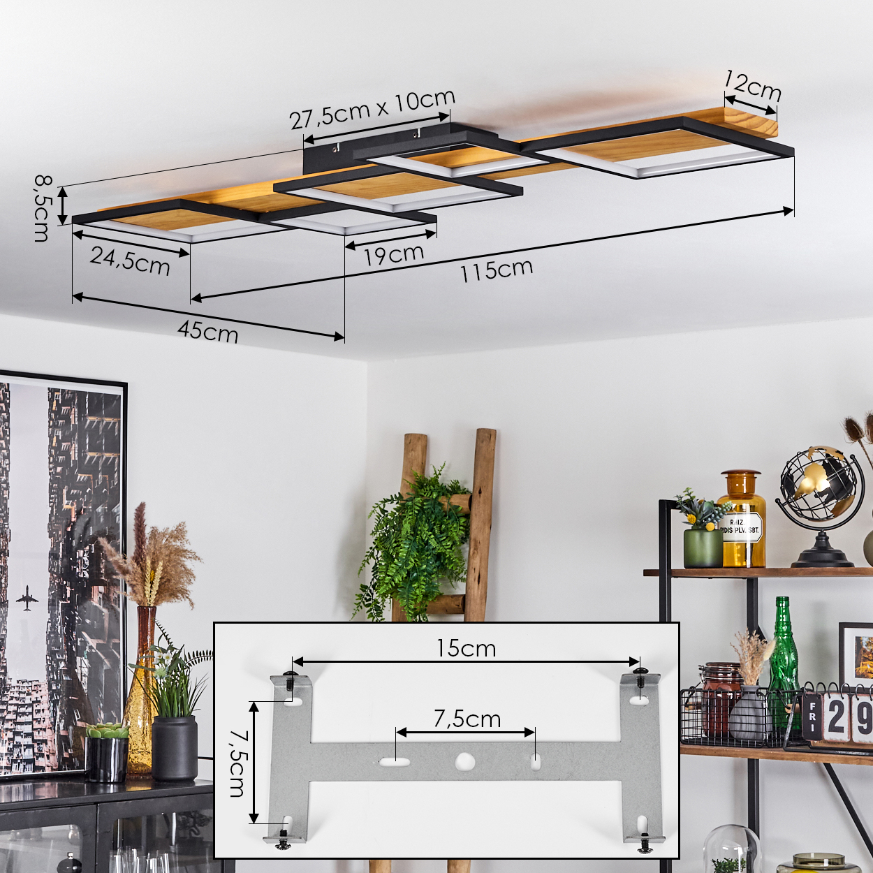 Eine moderne Deckenlampe mit Maßen wird angezeigt. Eine Halterung und eine dekorierte Inneneinrichtung sind ebenfalls im Raum sichtbar.