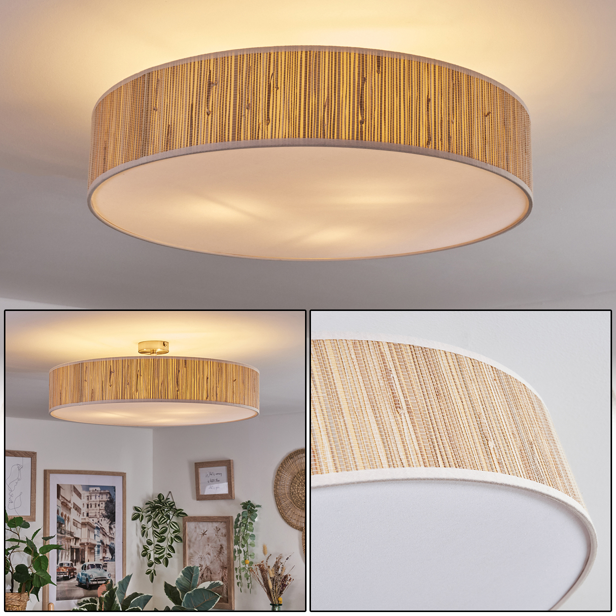 Eine runde Deckenlampe mit gewebtem Bambusschirm. Die Lampe hat einen weißen Innenraum und ist an einer weißen Decke montiert.