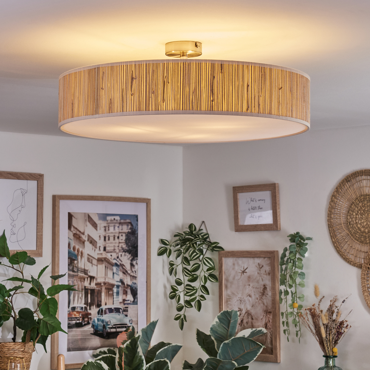 Eine große, ovale Deckenlampe mit gewebtem Schirm hängt. Darunter schmücken gerahmte Bilder und Hängepflanzen eine weiße Wand.