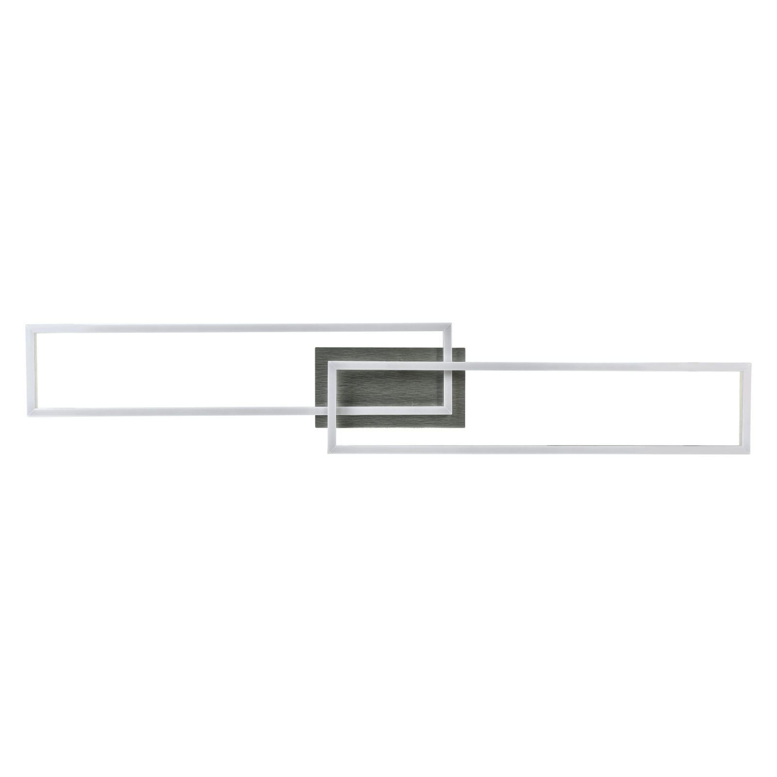 Una lámpara de pared moderna con un centro de madera gris y marcos rectangulares blancos. El fondo es blanco.