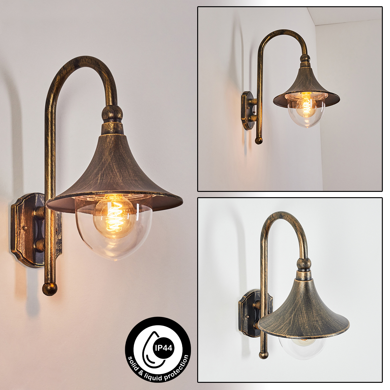 Eine Wandlampe im Vintage-Stil mit konischem Schirm und klarer Glaskugel. Die Lampe hat eine Bronzefinish und ist an einer weißen Wand befestigt.