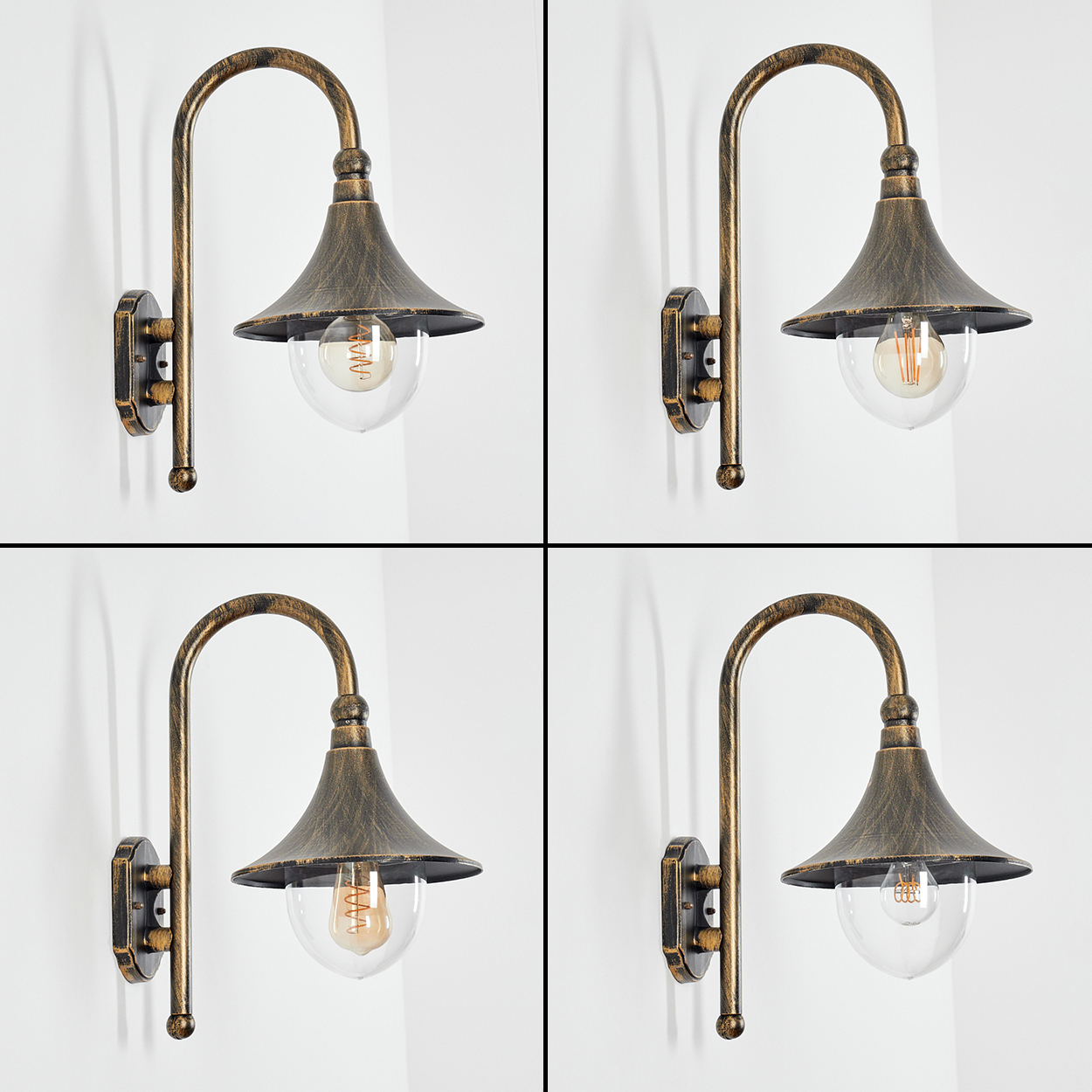 Vier antike Wandlampen mit Bronze-Finish. Jede Lampe hat einen gebogenen Arm, einen konischen Schirm und ein Glühbirnengehäuse.