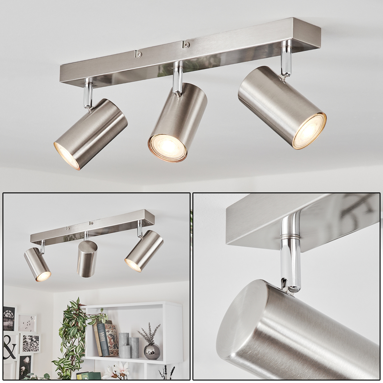 Moderne Deckenleuchte mit drei verstellbaren Strahlern. Die Leuchte ist silberfarben und die Lichter sind an. Weiße Decke.