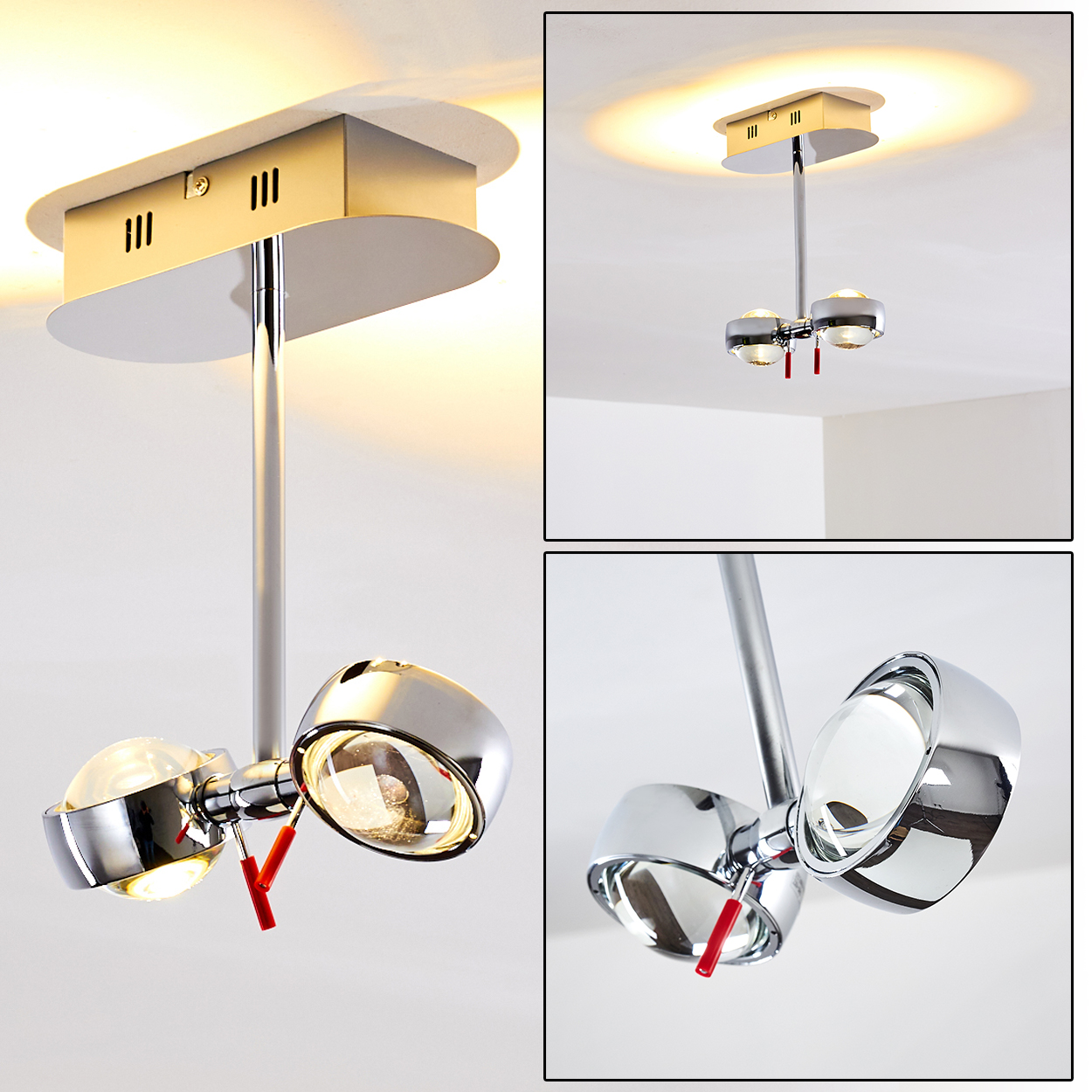 Moderne Deckenleuchte mit zwei Scheinwerferköpfen. Chrom-Finish, mit roten Verstellhebeln. Licht scheint von der Leuchte.