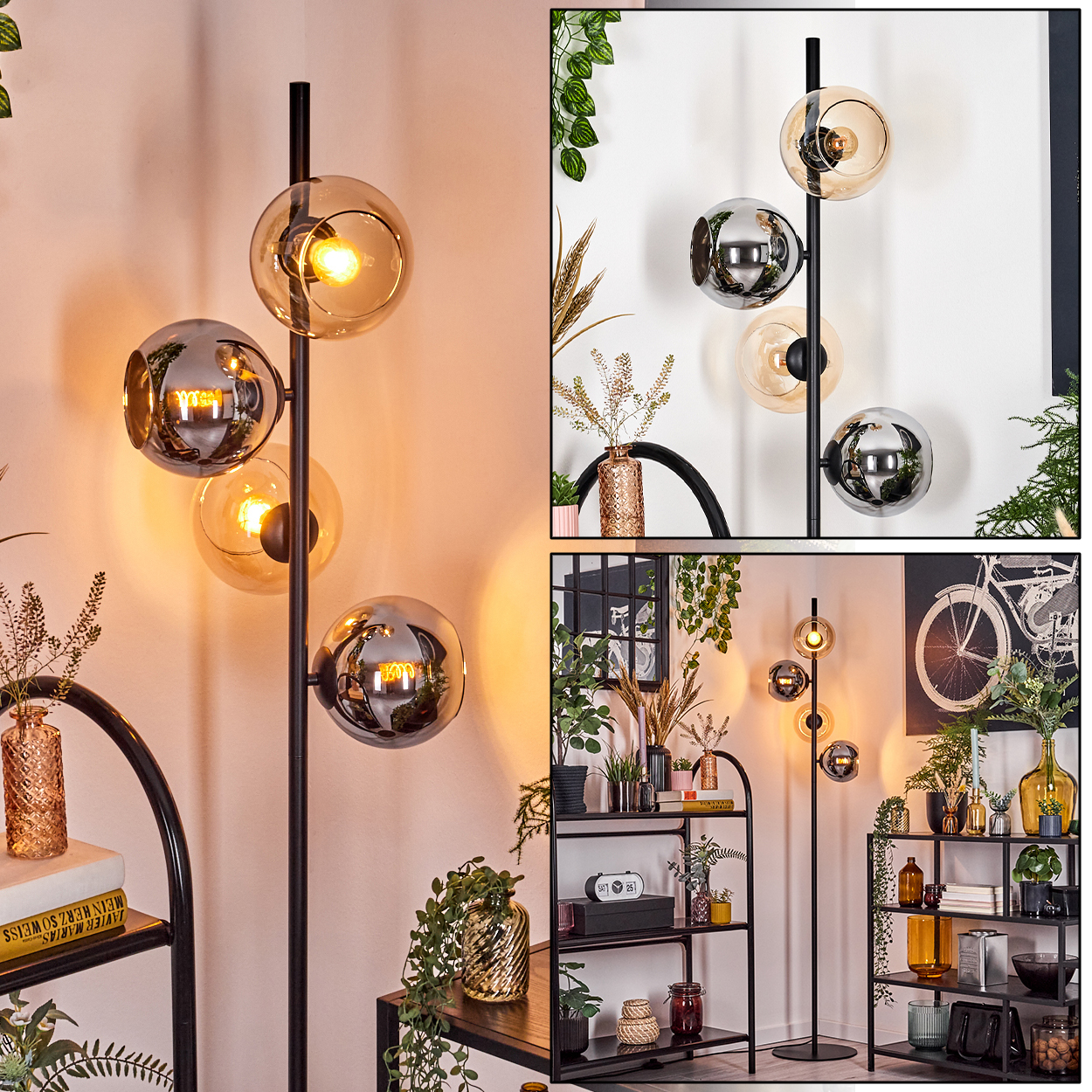 Eine moderne Stehlampe mit vier Glaskugelschirmen. Der Raum hat Pflanzen und dekorative Regale.