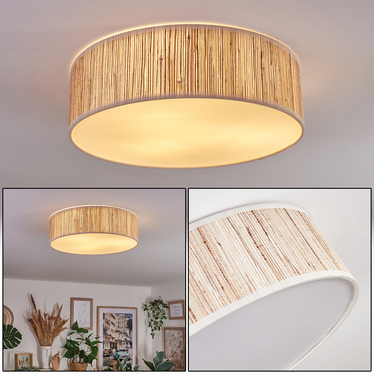 Eine runde Deckenlampe mit gewebtem Bambusschirm. Die Lampe befindet sich an einer weißen Decke. Das Zimmer ist dekoriert.