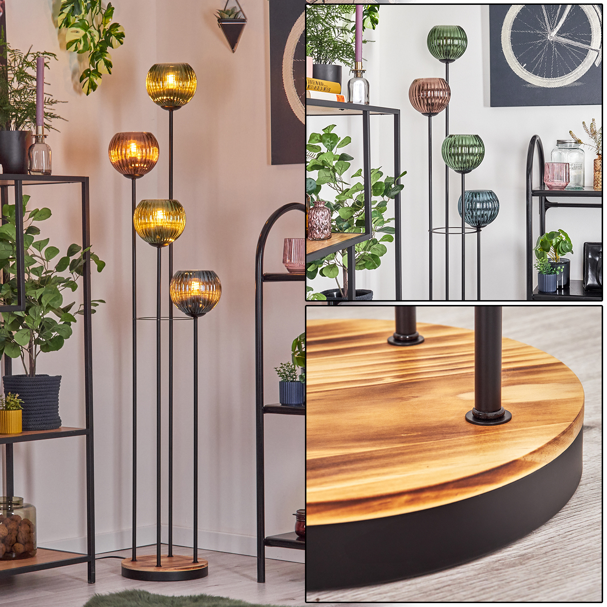 Eine Stehlampe mit Glaskugelschirmen und Regalen mit Pflanzen. Der Sockel ist aus Holz und einem schwarzen Metallrahmen.