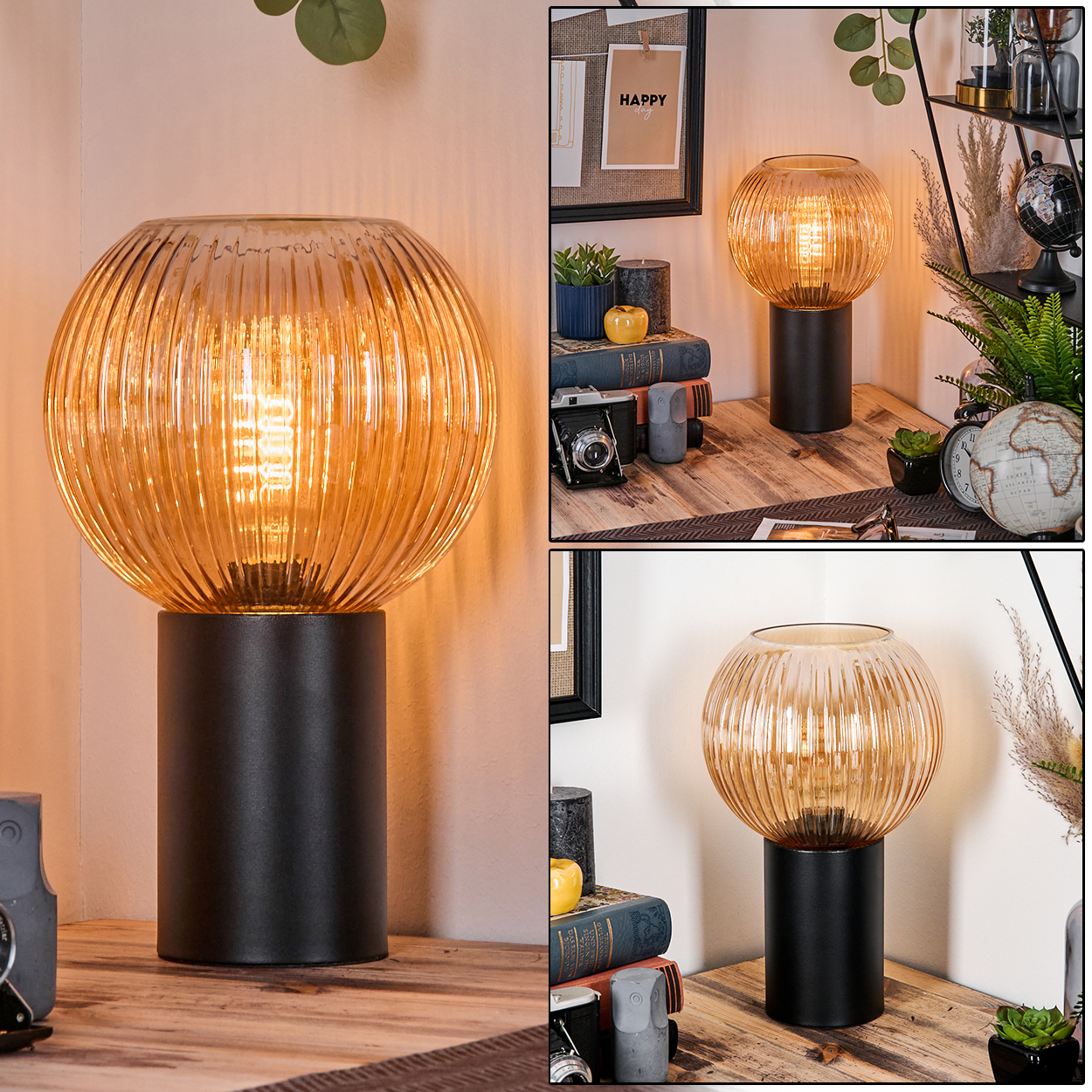 Eine dekorative Lampe mit bernsteinfarbenem Glasschirm steht auf einem schwarzen Sockel. Im Hintergrund befinden sich Bücher, eine Kamera und andere Dekorationen.