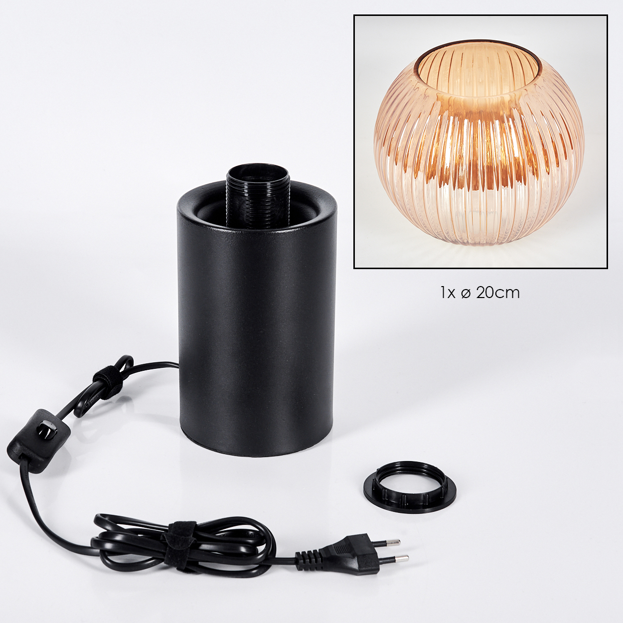 Ein schwarzer Lampensockel mit Netzkabel und Glasschirm. Ein kleines Bild des Lampenschirms befindet sich oben rechts.