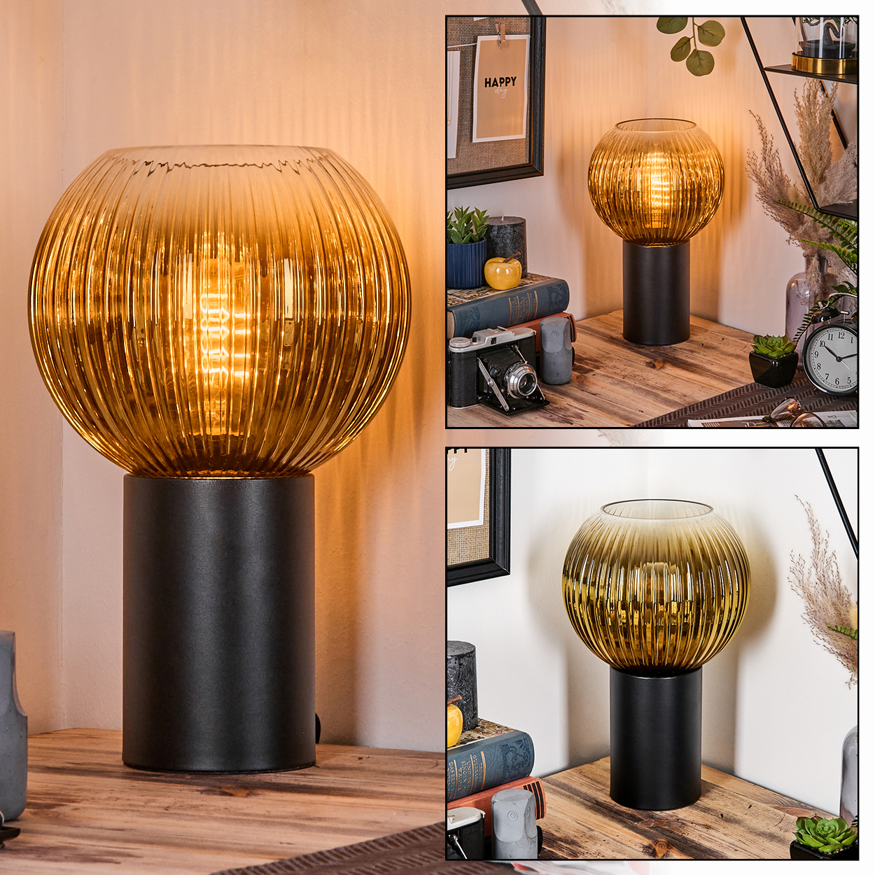 Eine dekorative Lampe mit geripptem, bernsteinfarbenem Glasschirm auf schwarzem zylindrischen Sockel steht auf Holz.