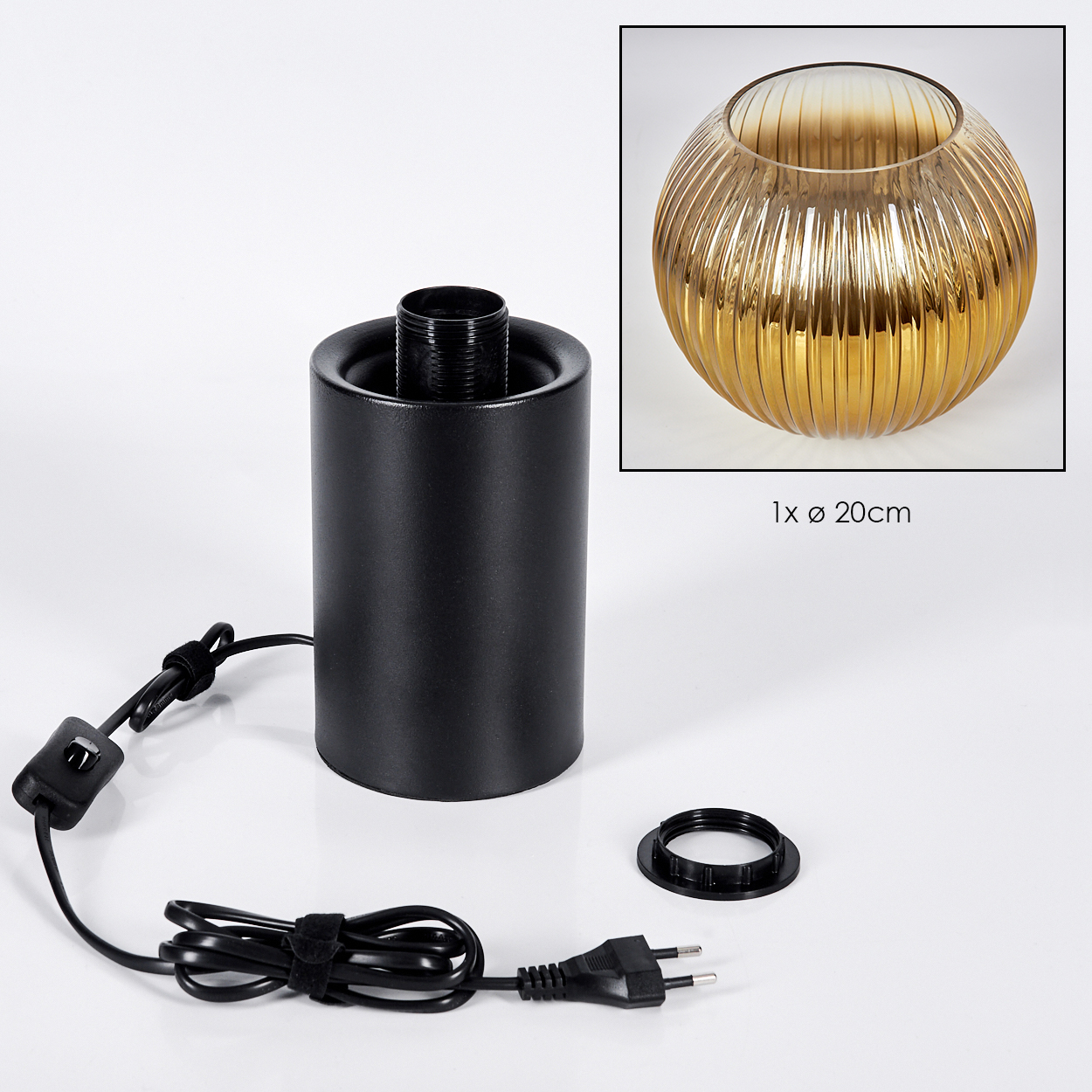 Schwarzer Lampensockel mit Netzkabel, Stecker und separatem Ring. Ein Glasschirm wird in der Ecke angezeigt.