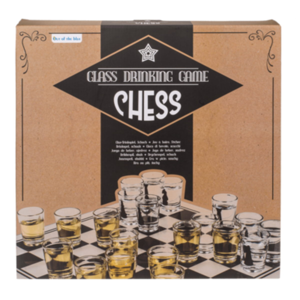 Een schaakspel box set. Het bord bestaat uit doorzichtige shotglaasjes gevuld met vloeistof. Op de doos staat 'Glass Drinking Game Chess'.