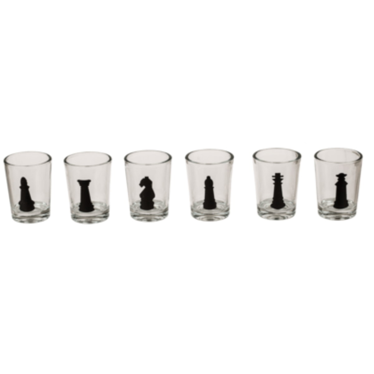 Zes shotglaasjes met schaakstukken erin. Stukken zijn onder andere een pion, een toren, een paard, een loper en een dame.
