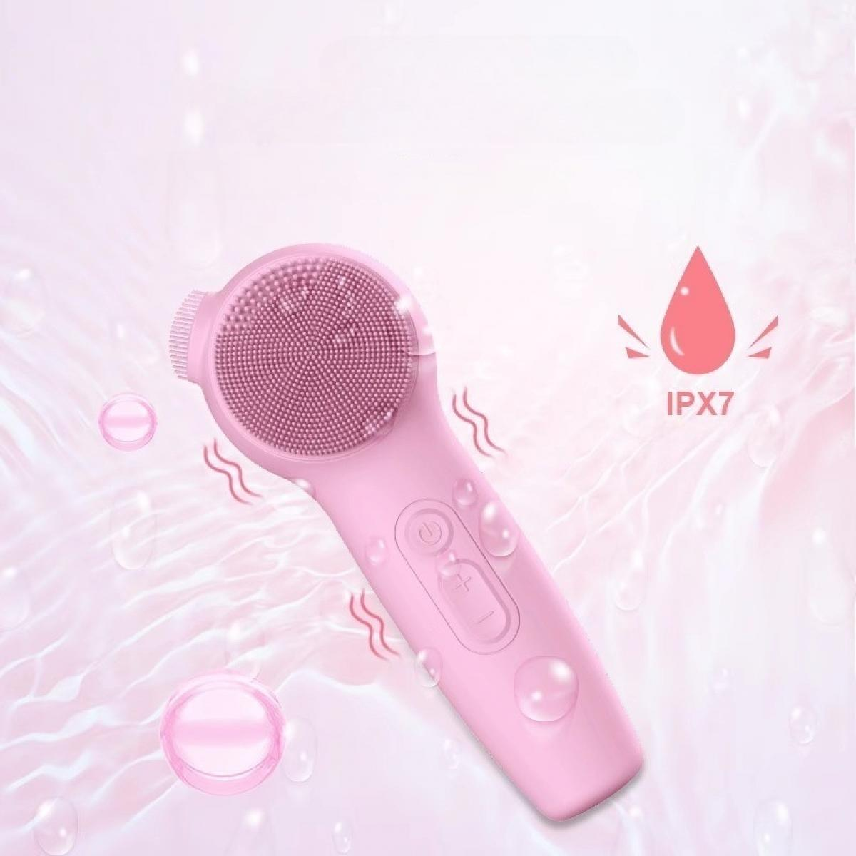 Rosa Gesichtsreinigungsbürste mit Wassertropfen-Symbol und IPX7-Label. Blasen und Wasserwellen sind im Hintergrund.