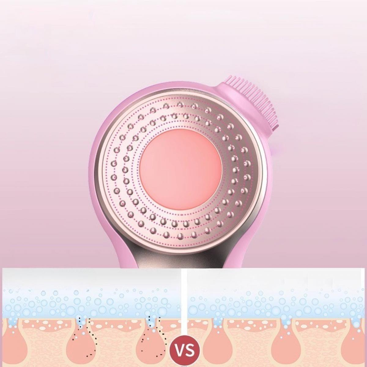 Ein rosa Gesichtsreinigungsgerät. Darunter zeigt ein Hautdiagramm Poren vor und nach der Reinigung, mit einem 'VS' in der Mitte.