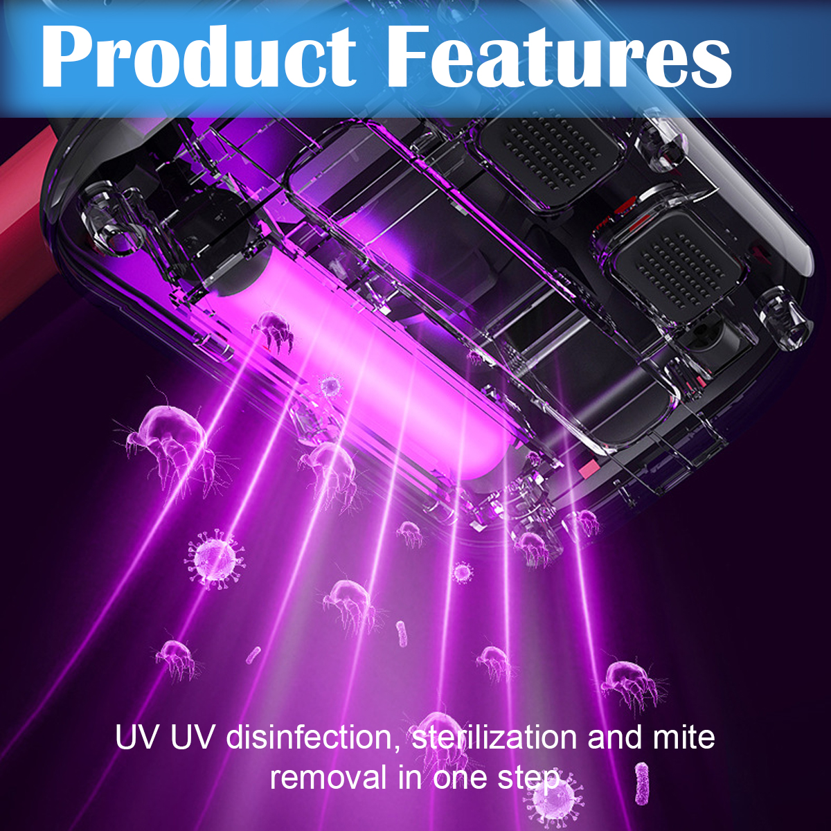 Das Bild zeigt einen UV-Sterilisator mit violetten Lichtstrahlen. Es desinfiziert und entfernt Milben. Die Worte 'Produktmerkmale' sind sichtbar.