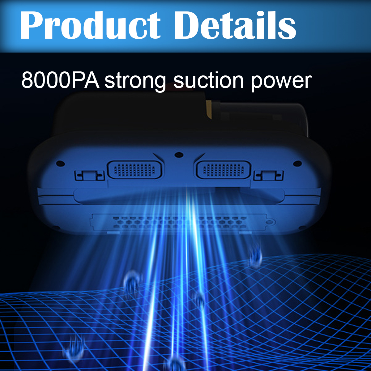 Das Bild zeigt ein Produkt mit dem Text Produktdetails, 8000PA starke Saugkraft. Blaue Lichtstrahlen kommen aus dem Produkt.