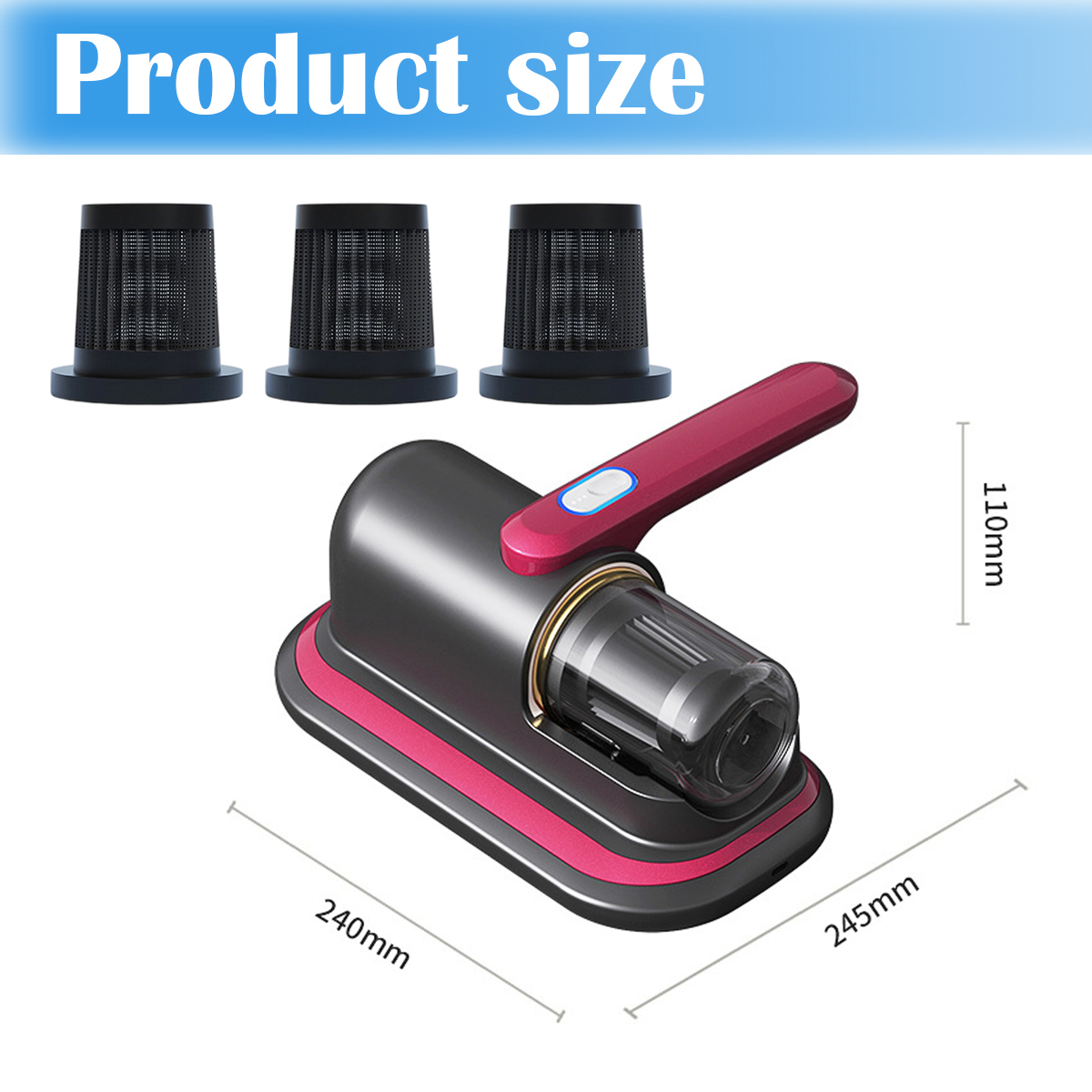 Ein Produkt mit Griff, 3 Filtern und Abmessungen. Das Produkt ist schwarz und rot mit einem Griff. Drei schwarze Filter sind darüber.