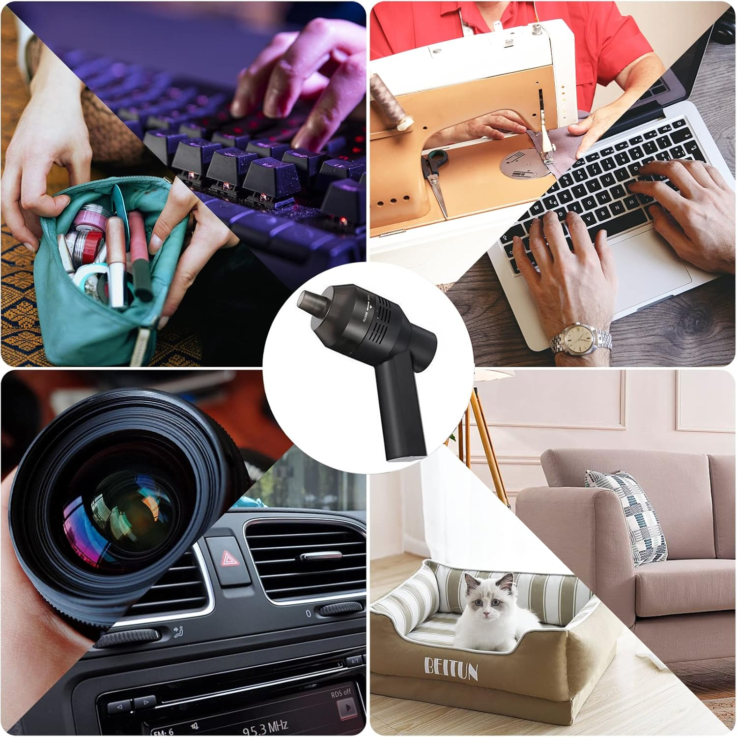 Collage: Hände auf Tastatur, Nähen und Laptopnutzung. Auch ein Kameraobjektiv, Armaturenbrett, Katze im Bett und Make-up.