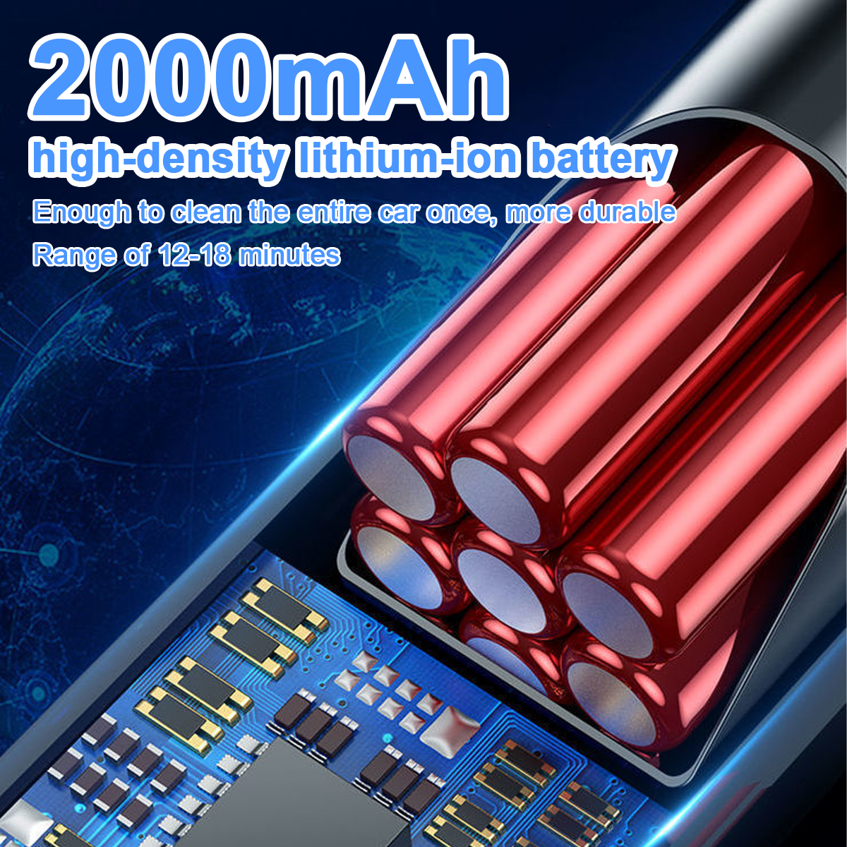 Das Bild zeigt einen roten Akku, eine Platine und Text: 2000mAh, Lithium-Ionen-Akku. Text besagt, dass es das ganze Auto reinigt.
