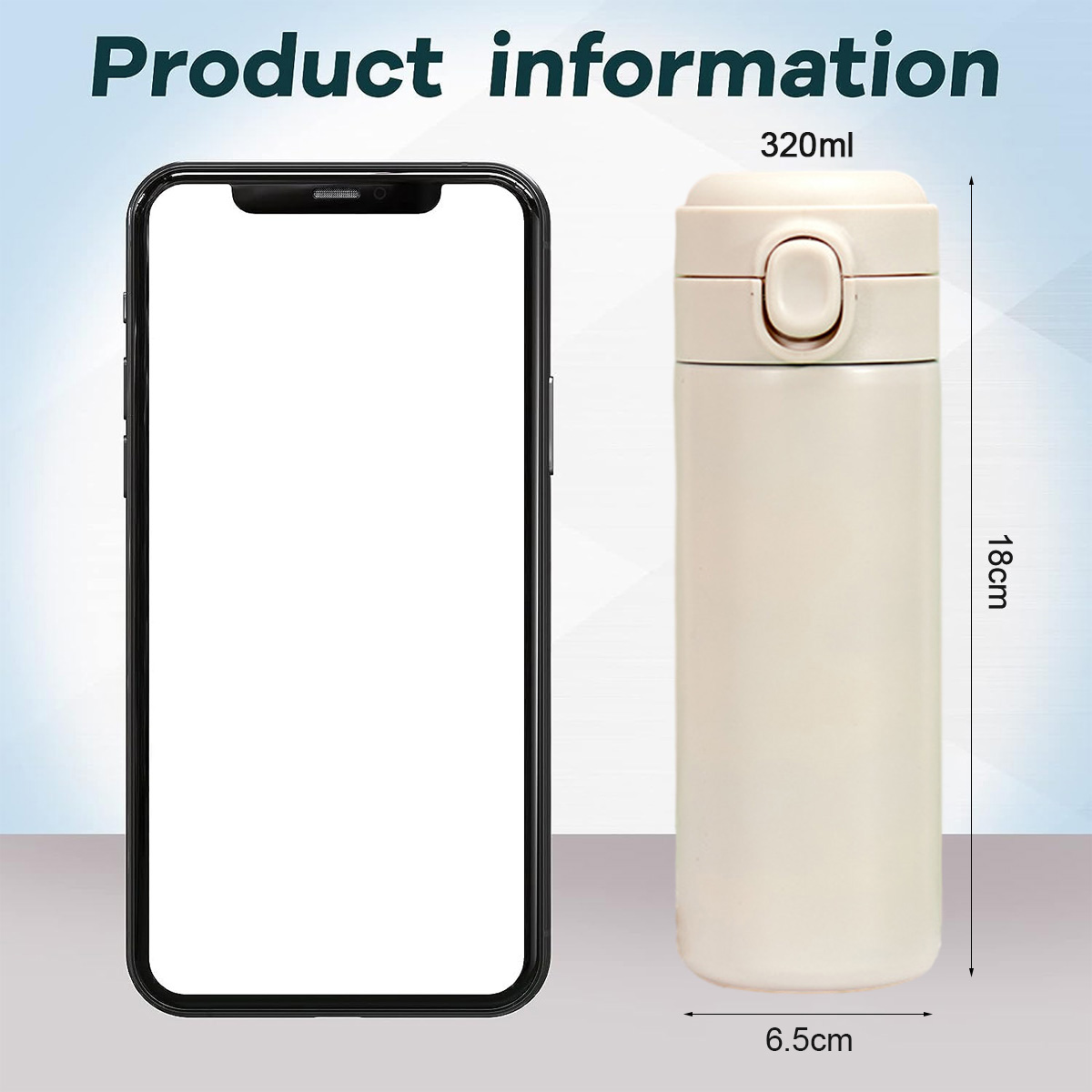 Das Bild zeigt einen Telefonbildschirm und einen beigen Becher. Abmessungen sind: 18 cm Höhe und 6,5 cm Breite. Der Becher hat 320 ml Fassungsvermögen.