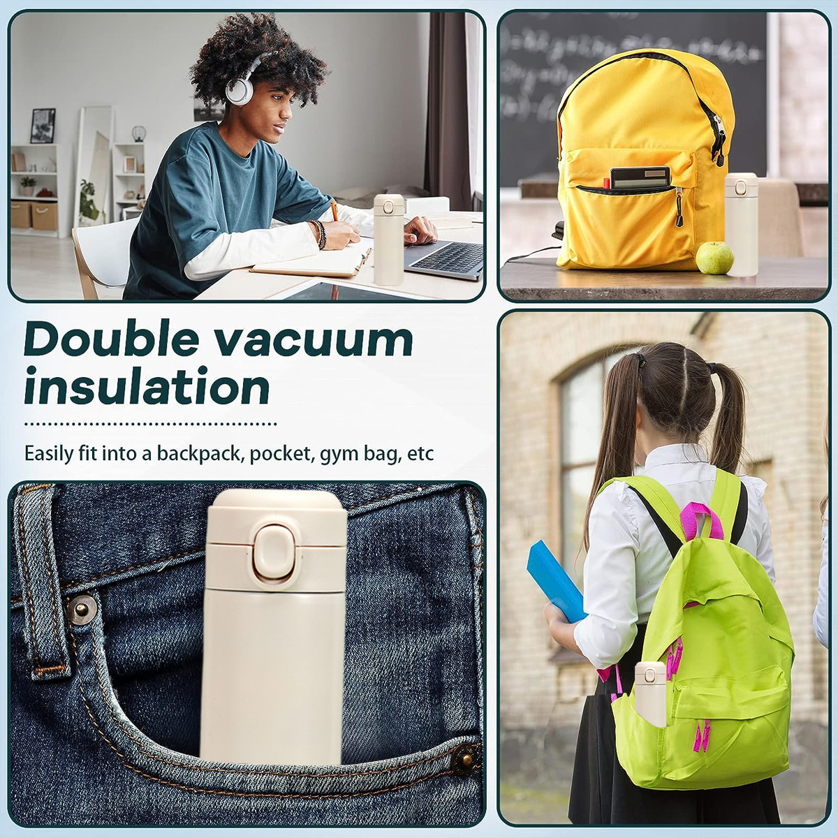 Das Bild zeigt einen Studenten, einen gelben Rucksack und ein Mädchen mit einem grünen Rucksack, alle mit einer Thermoskanne. Text sagt 'Doppelte Vakuumisolierung'.
