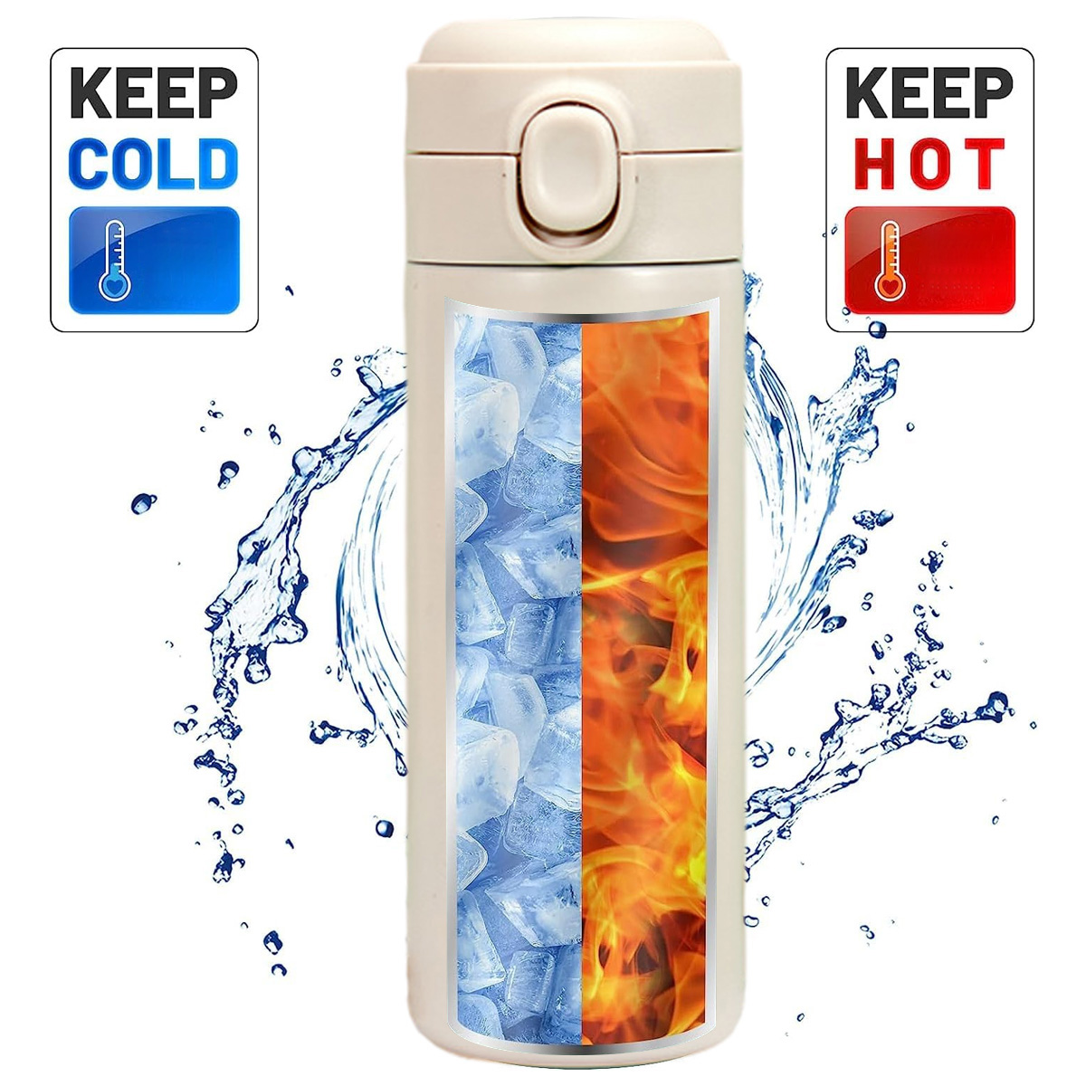 Eine beige Thermoskanne mit Etiketten 'Kalt halten' und 'Heiß halten'. Eine Seite zeigt Eiswürfel, die andere Flammen. Wasser spritzt herum.