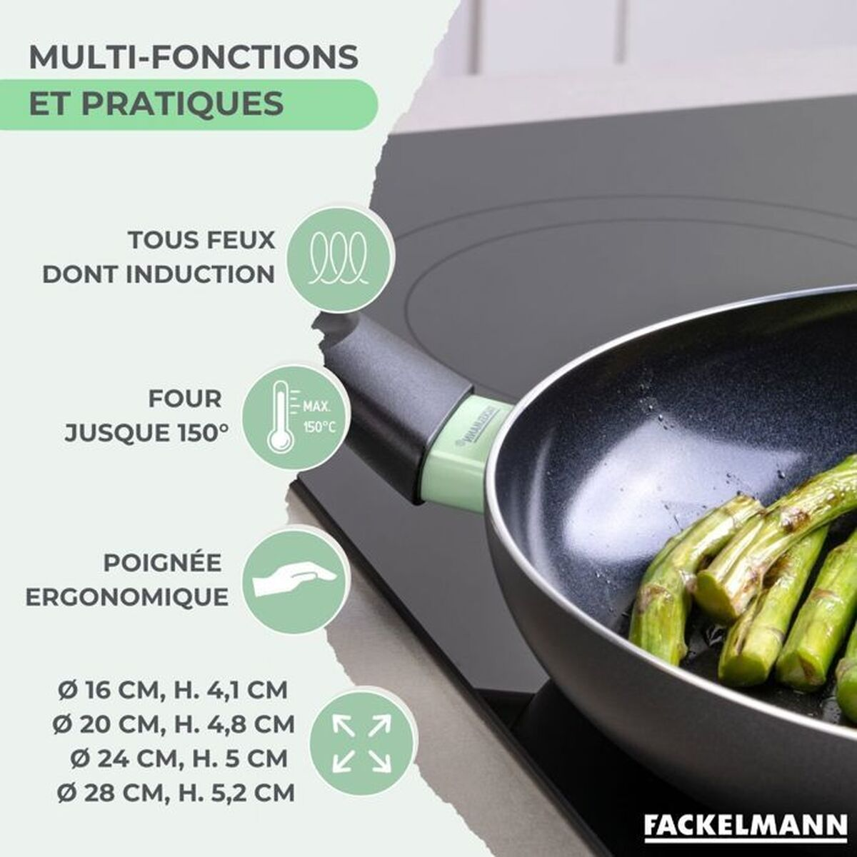 Eine Bratpfanne mit Spargel auf einem schwarzen Kochfeld. Text zeigt Induktion, ofenfest bis 150°C und einen ergonomischen Griff.