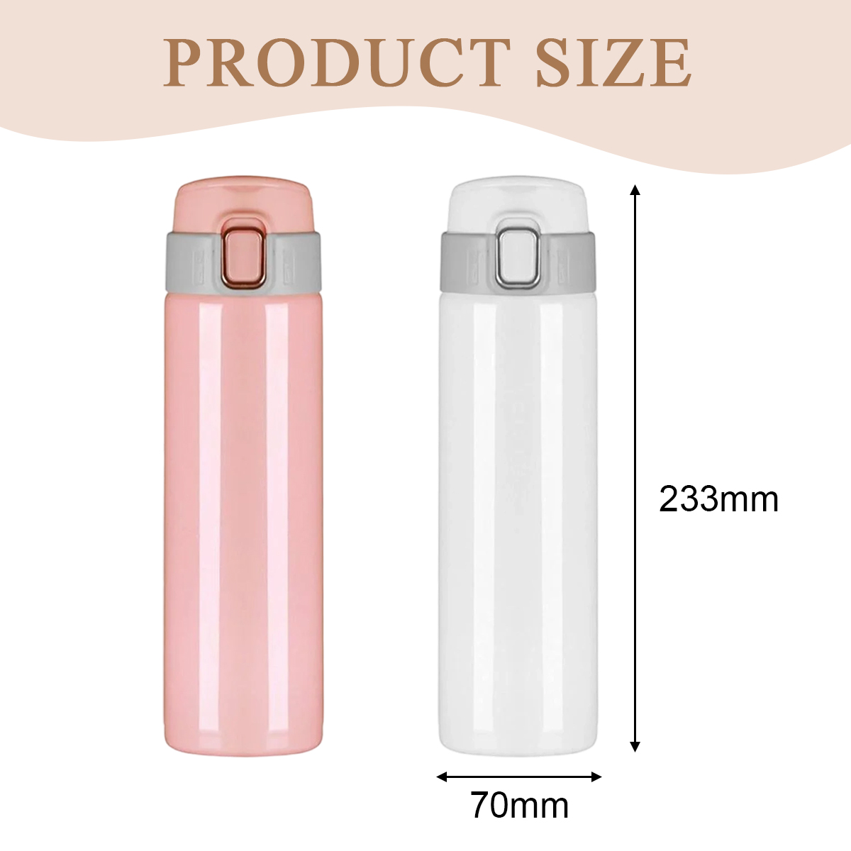 Zwei isolierte Wasserflaschen, rosa und weiß, mit Größenangaben: 233 mm hoch und 70 mm breit. Text lautet 'Produktgröße'.