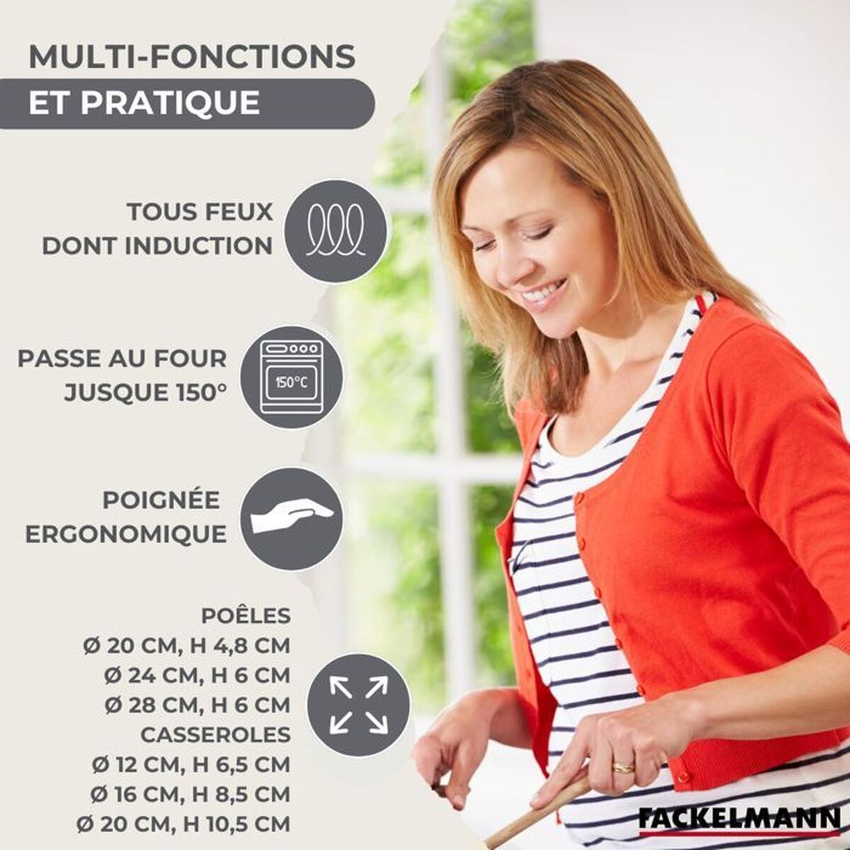 Eine Frau in roter Strickjacke und gestreiftem Hemd lächelt beim Kochen. Das Bild enthält Text über Produktmerkmale und Abmessungen.