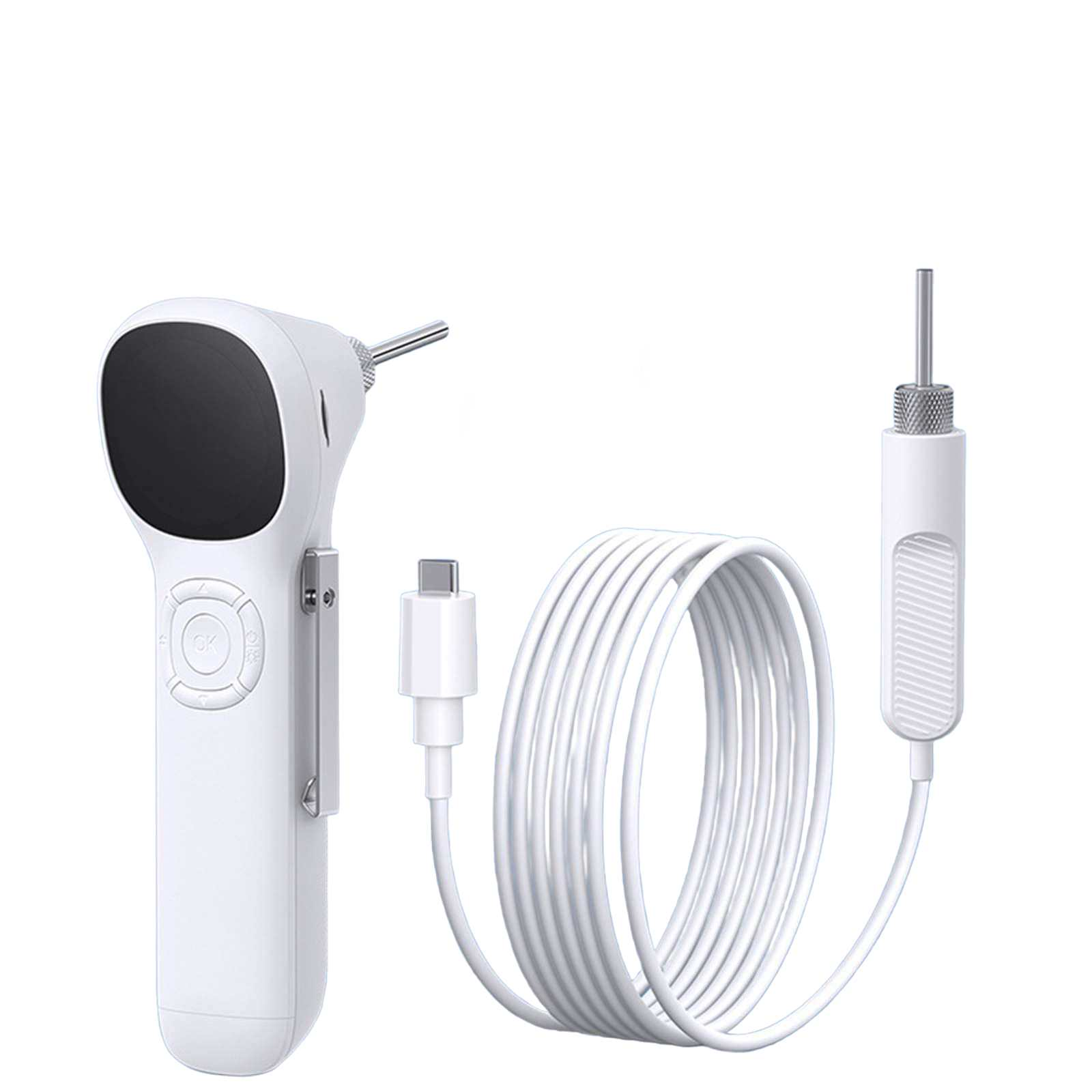 Ein weißes medizinisches Otoskop mit USB-C-Kabel und Ohrsonde. Das Otoskop hat einen Bildschirm und Knöpfe.