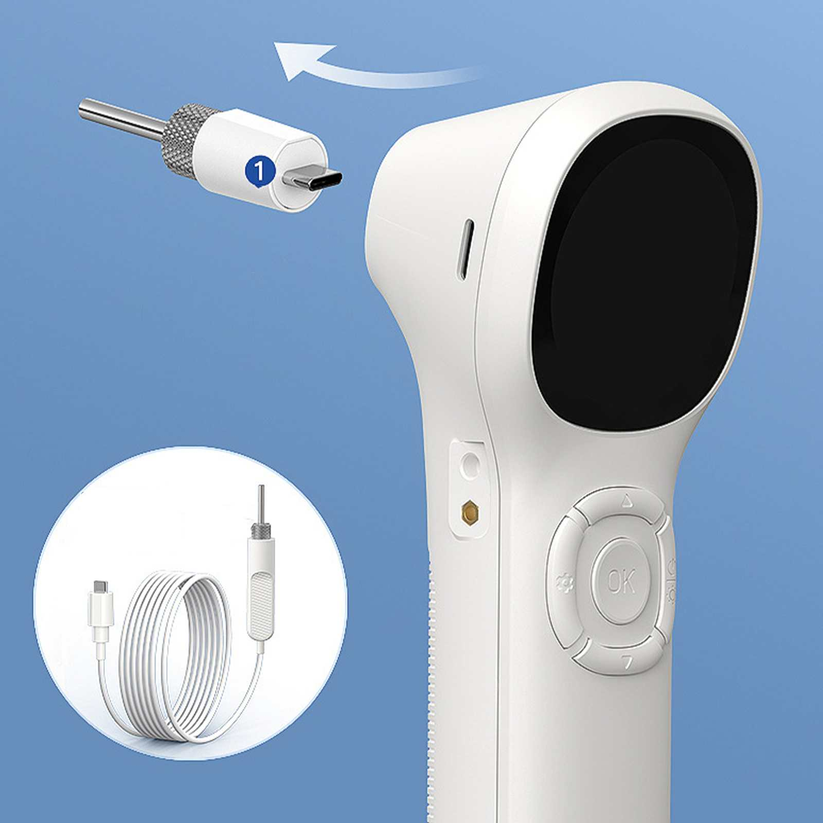 Weißes Gerät mit schwarzem Bildschirm und 'OK'-Taste, ein Kabel mit rundem Stecker und USB-C-Anschluss.