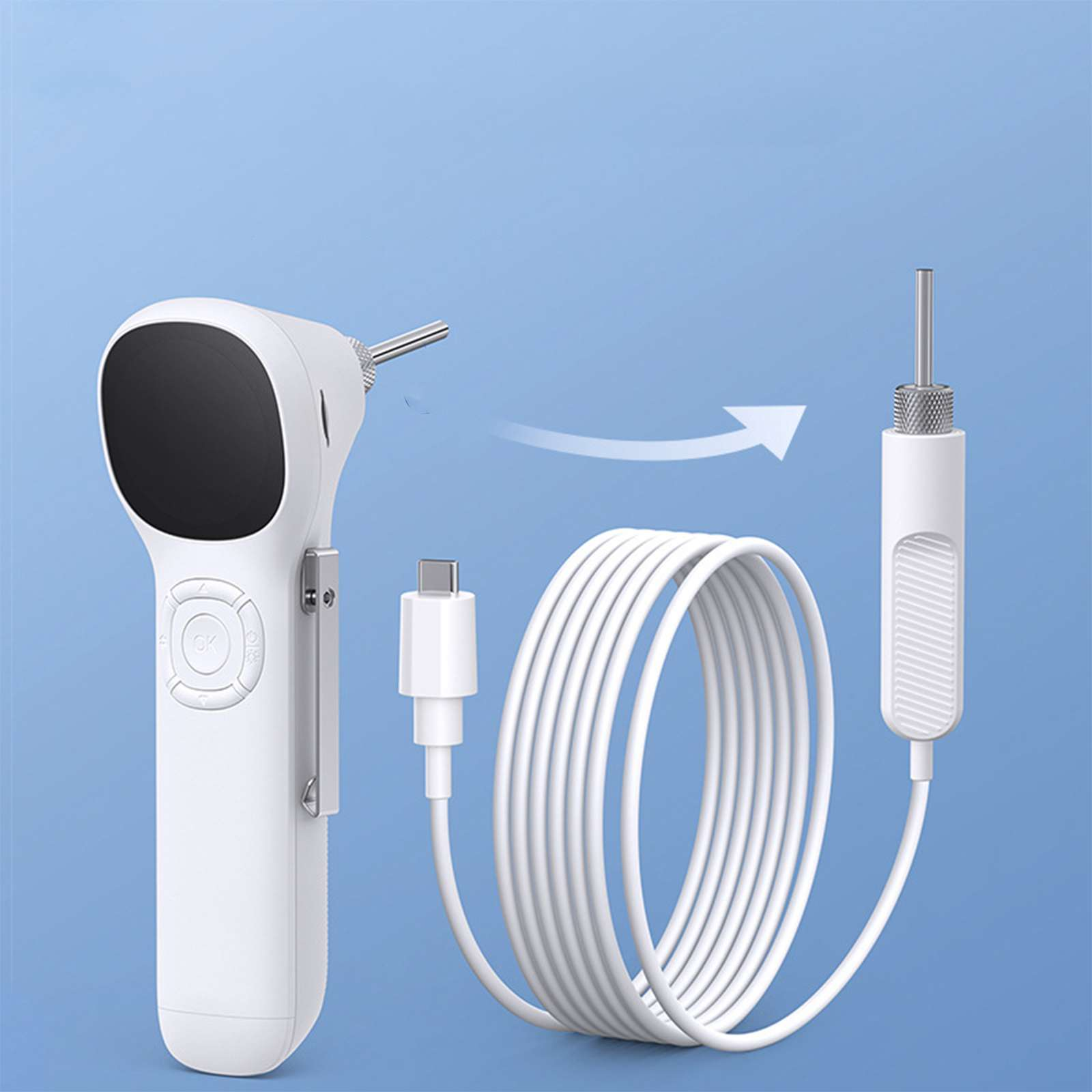 Ein weißes Ohrreinigungsgerät mit schwarzem Bildschirm, weißem Kabel und weißer Spitze auf blauem Hintergrund.